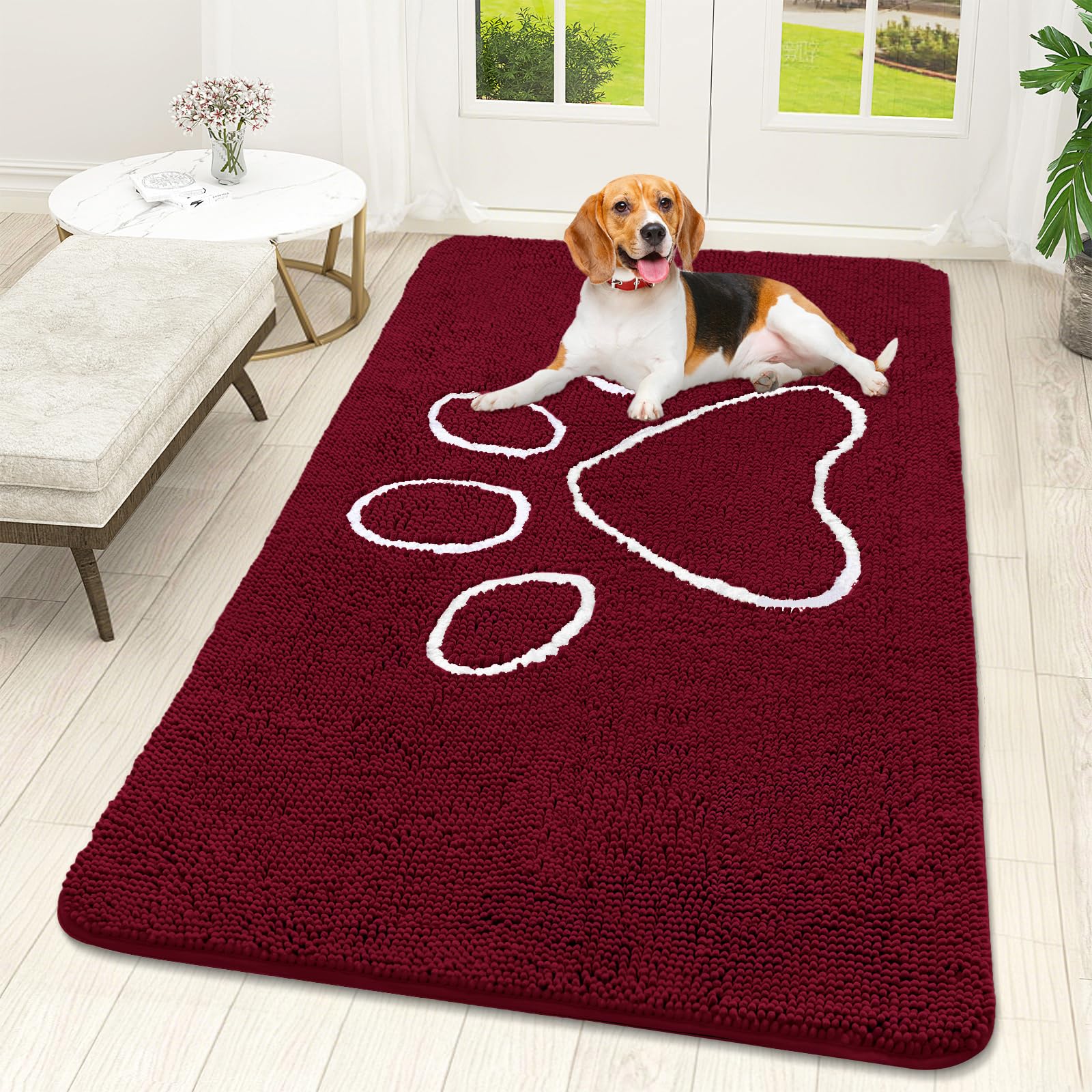 OLANLY Dog Door Mat for Muddy Paws 59x32, Paw Print Design Chenille Mud Mat
