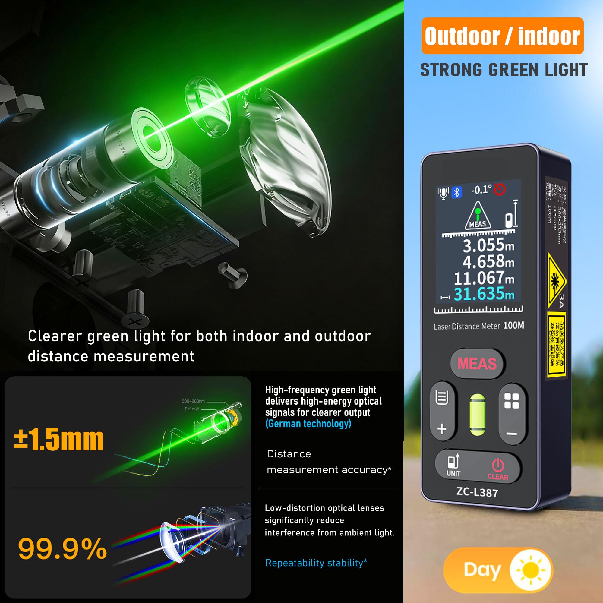 Medidor láser digital de distancia Longitud de onda: 500-535 nm, potencia: <5 mW, rango: 100 m, clase láser: IIIA