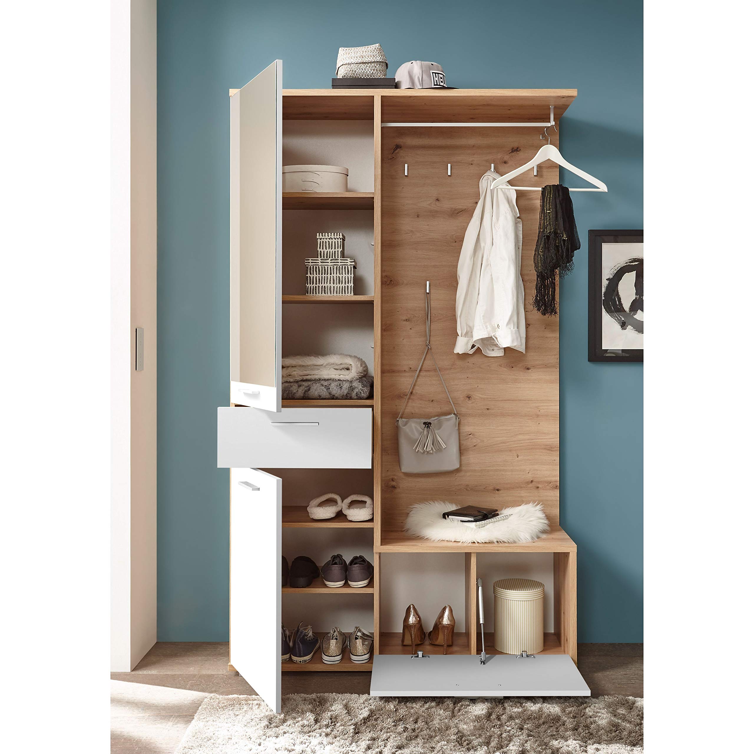 Stella Trading Entra Ensemble de vestiaire d'entrée en Aspect chêne Artisan, Blanc - Vestiaire Compact stylé avec Miroir pour Votre entrée - 117 x 198 x 38 cm (L/H/P)