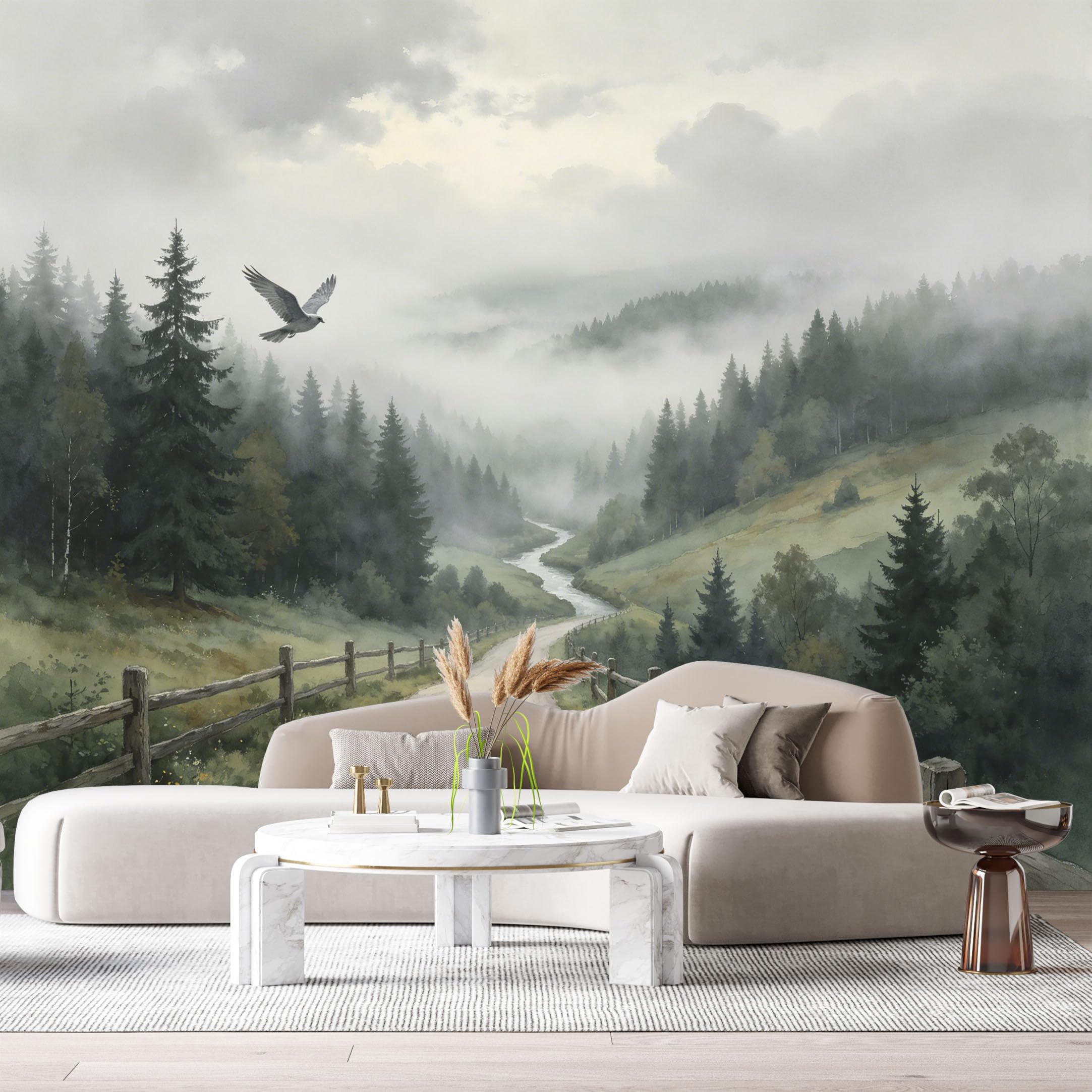Custom Size Wall Murals Misty Forest Landscape Watercolor Flying Bird Country Path SelfAdhesive Wall Fabric Removable Large Wallpaper for Photo Living Room