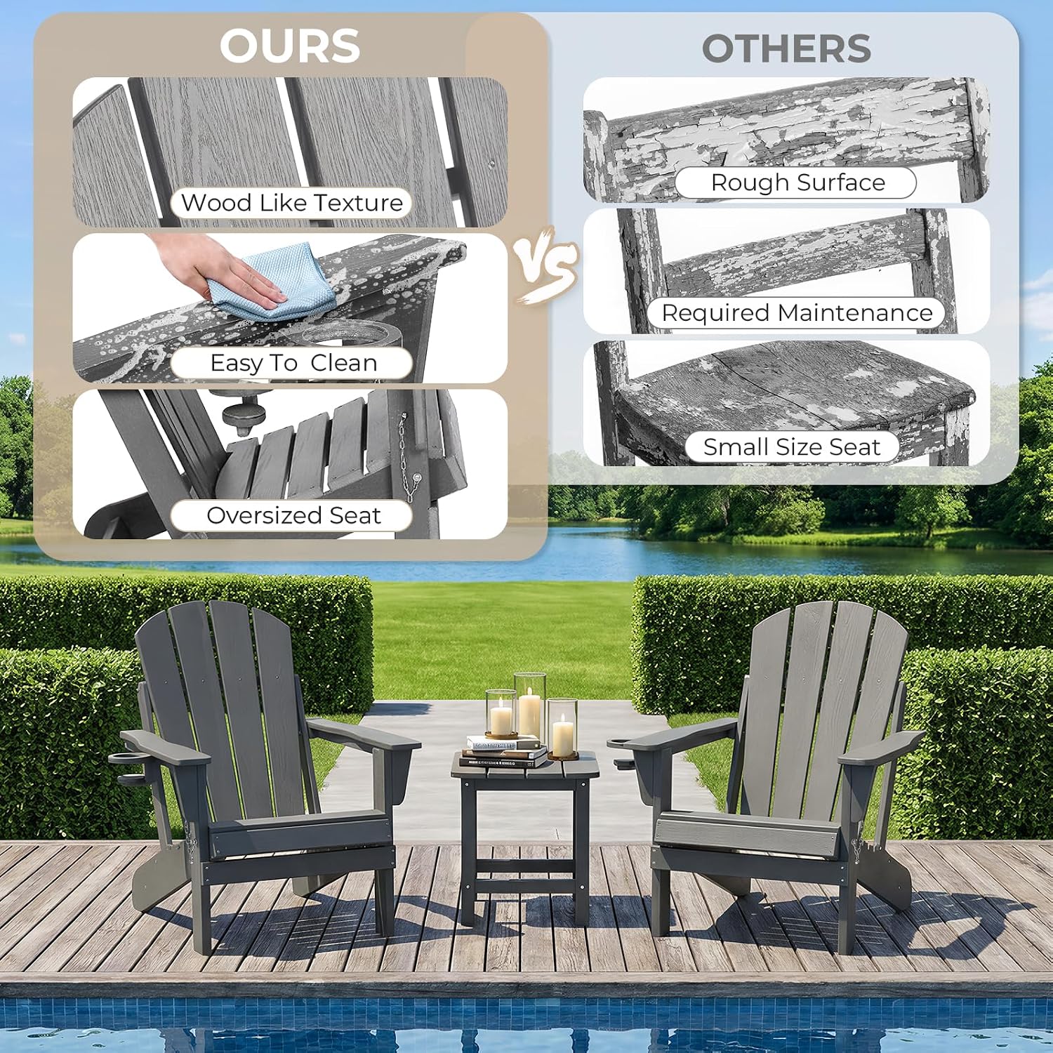 HDPE Adirondack Chair, Folding Outdoor Patio Chair with Cup Holder, Weather Resistant Wood Grain Lawn Chair for Backyard, Garden, Fire Pit, Deck, Gray image 5