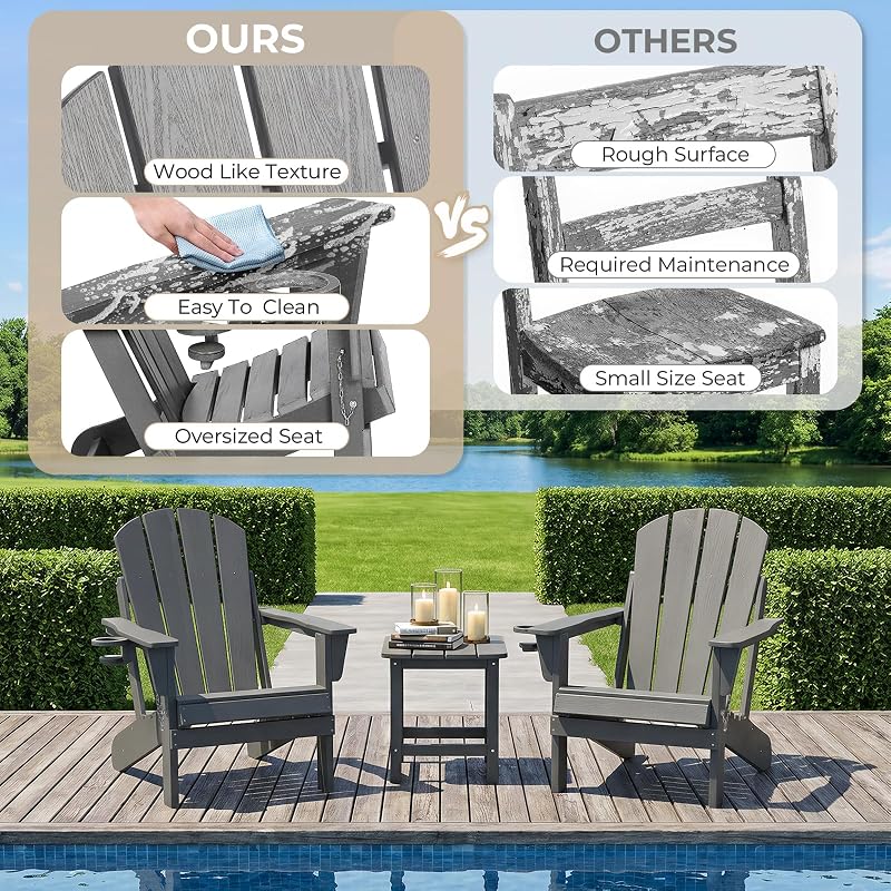SFYLODS HDPE Adirondack Chair, Folding Outdoor Patio Chair with Cup Holder, Weather Resistant Wood Grain Lawn Chair for Backyard, Garden, Fire Pit, Deck, Gray image 5