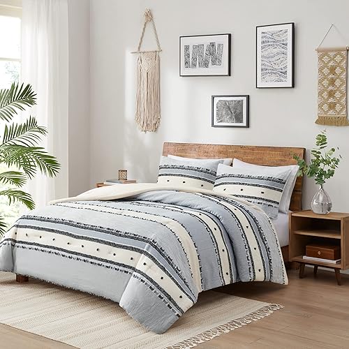 Miniatura 3 de Juego de edredón azul bohemio Queen, ropa de cama moderna de tamaño matrimonial, parte superior de algodón con rayas jacquard recortadas de estilo