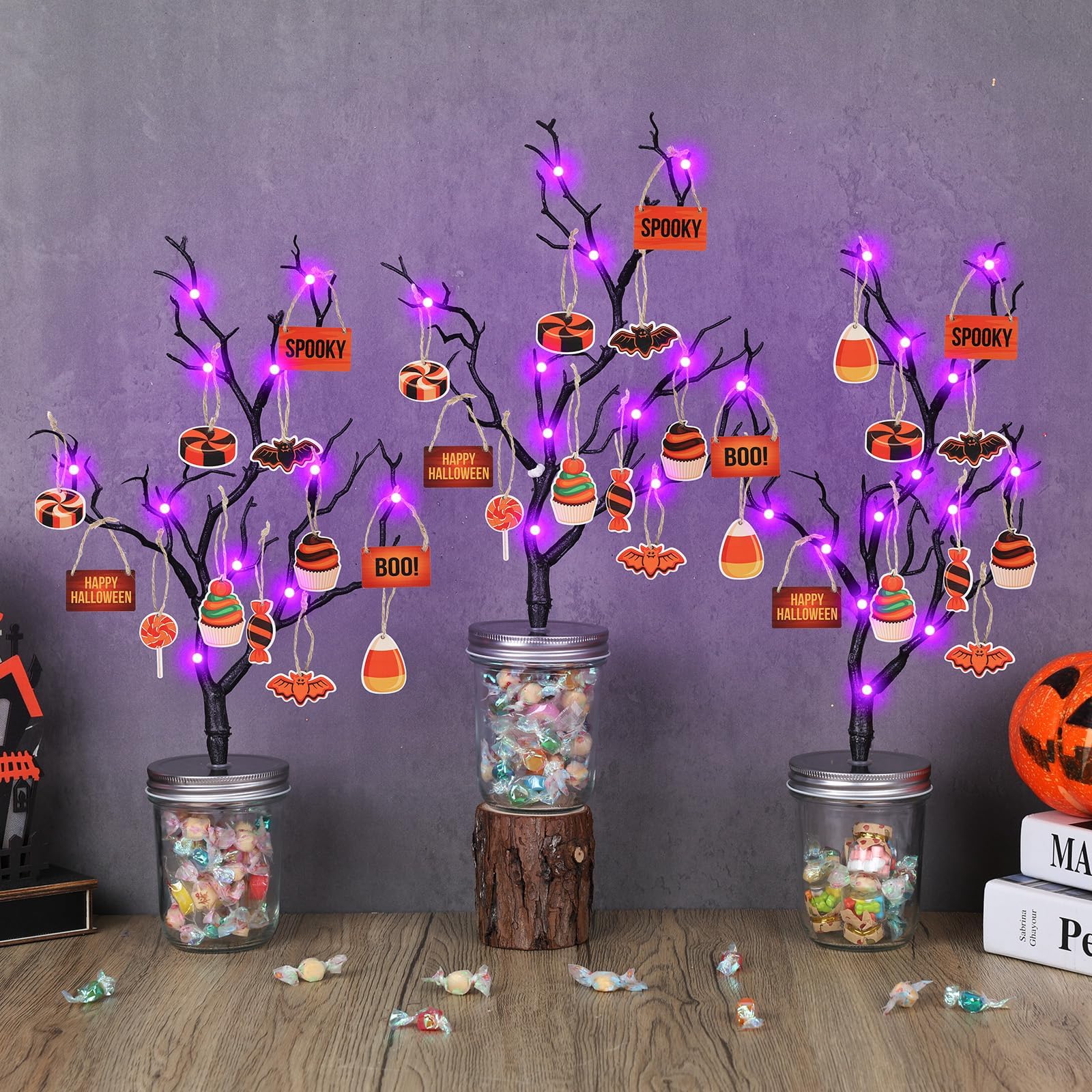 Lot de 3 pots à bonbons LED avec plateau à étages pour décoration de table d'Halloween