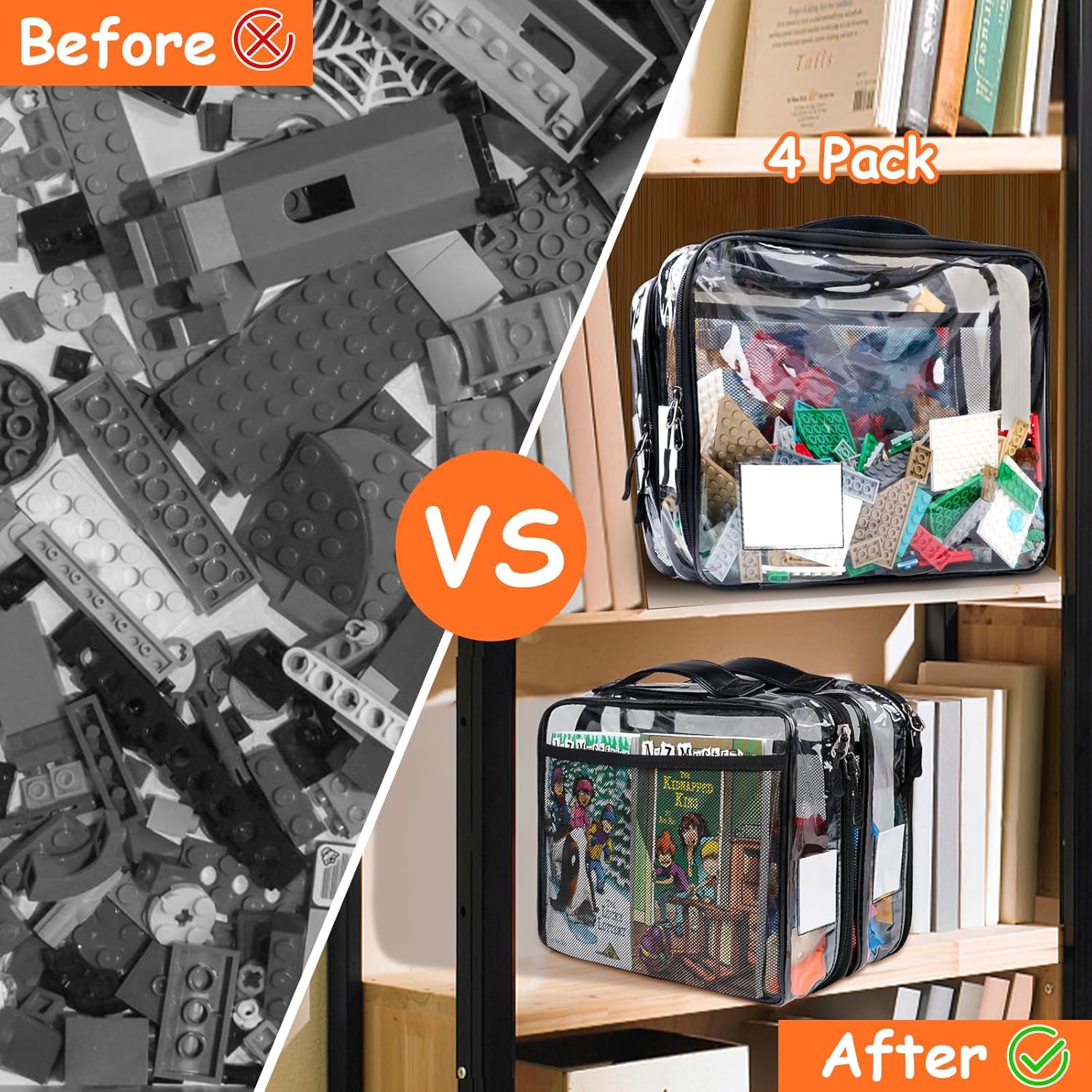 4 Pack Toy Storage Organizer Bag for Lego Bricks, Clear PVC Zippered Block Set with Manual Pocket& Name Tag, Waterproof Toy Carrying Case for Board Game, Building Blocks& Puzzles (Large, Black) - Image 5