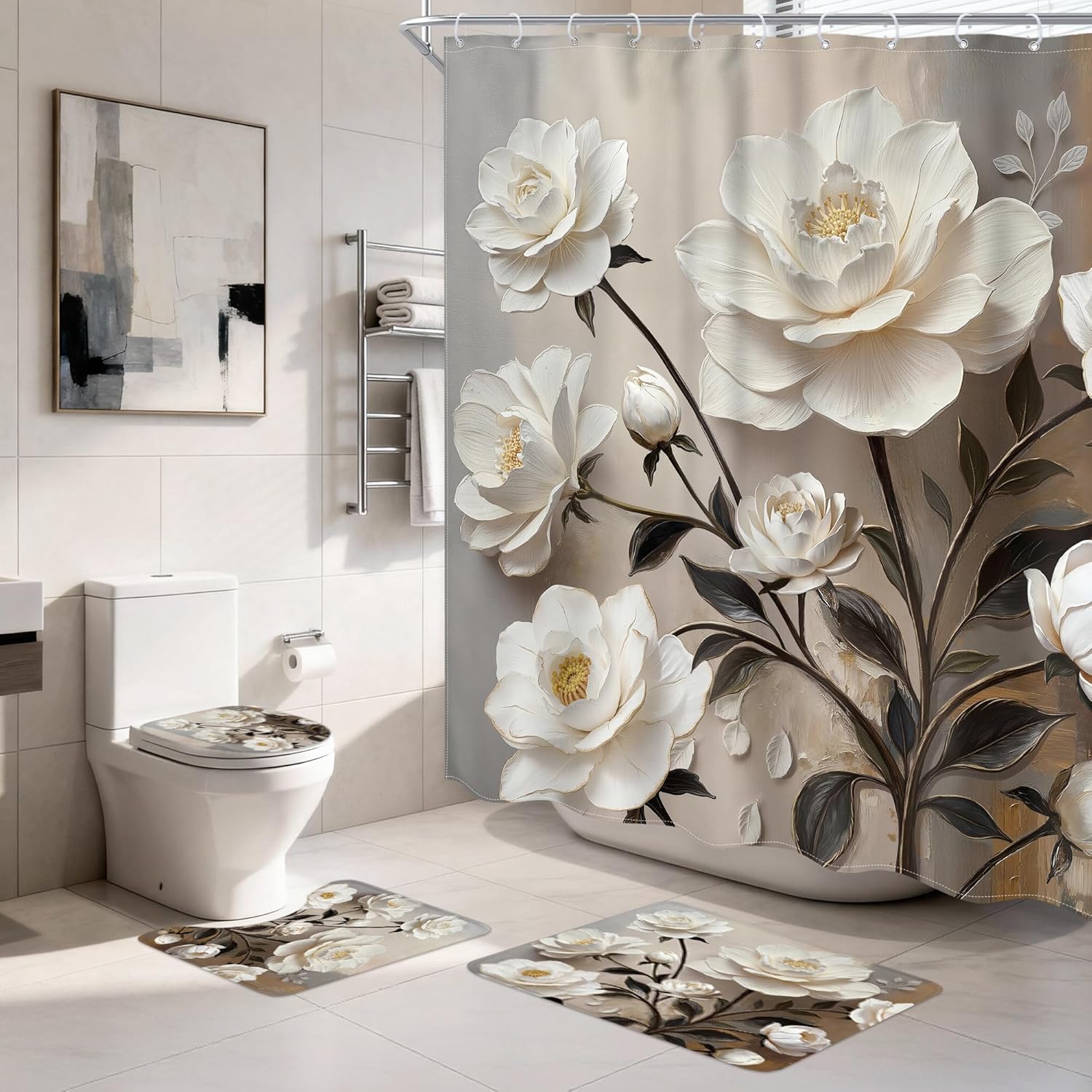 4 PCS Large White Floral Flower Bathroom Set with Shower Curtain and Rugs 72Wx72H Inch Oil Painting Plant Non-Slip Bath Rug Toilet Lid Cover and U Shape Mat Accessories 12 Hooks Bathoom Decor