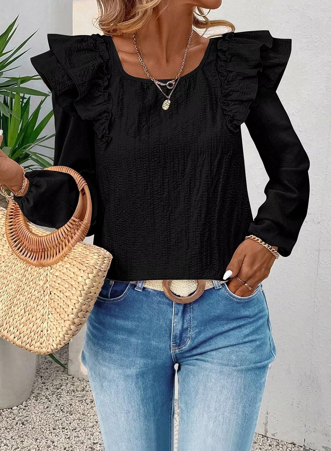 Womens Bow Tie Back Tops Square Neck Long Ruffle Sleeve Shirts Cute Babydoll Chiffon Texture Women Fall Trendy Tunic - Image 5