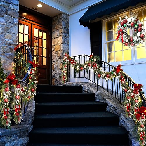 Miniatura 7 de Guirnalda de Navidad preiluminada de 9 pies con 40 luces LED, 8 modos de iluminación, ratán verde artificial con piñas, bayas rojas, lazo a cuadros,