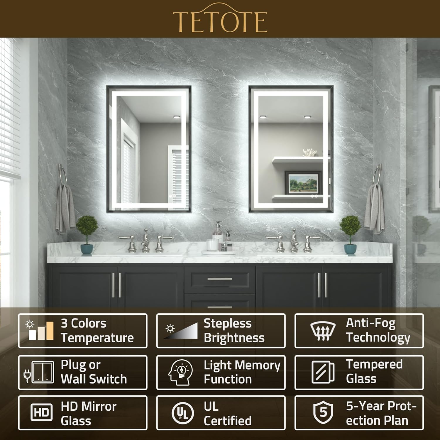 TETOTE 22 x 30 Bathroom LED Mirror Brushed Gunmetal Gray Frame Frontlit & Backlit Vanity Mirror Anti-Fog Stepless Dimmable 3 Colors White/Warm/Natural Wall-Mounted