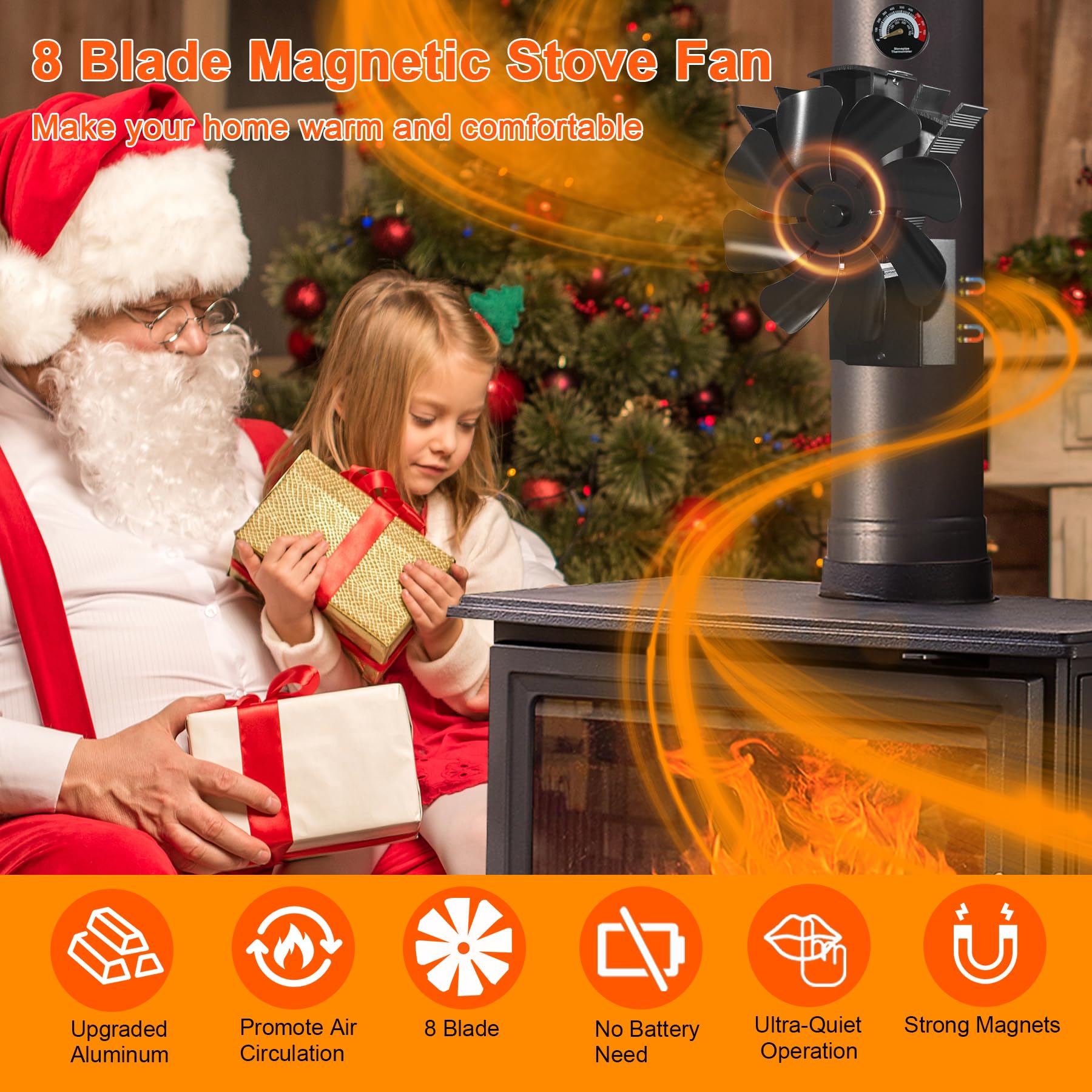 Ventilador magnético para estufa, 8 vuelos, ventilador de estufa sin energía, ventilador silencioso para leña/chimenea/chimenea/estufa con termómetro y 1 anillo de repuesto