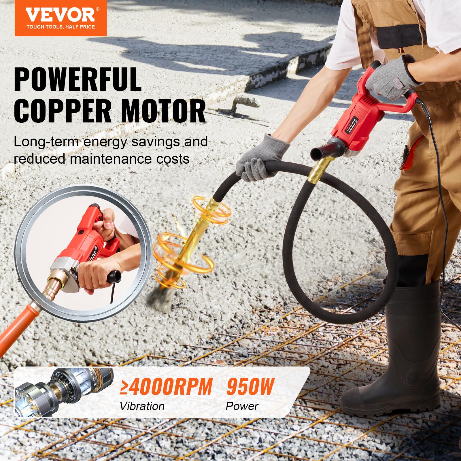 VEVOR Vibrateur à Béton Électrique, 960 W, Outil Vibrant Portatif pour Béton avec Arbre 2 m, 4000 tr/min, Vibration 13000 VPM, Vibreur à Ciment Portable pour Éliminer Bulles d'Air, Mélanger le Béton