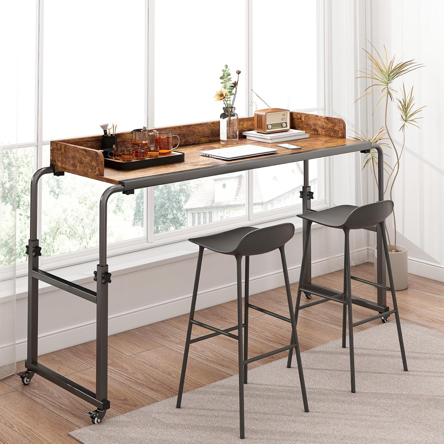 Overbed Table with Wheels, Bed Desk Recliner Table Adjustable Height Laptop Table, Queen King Size Over The Bed Table with Wheels & Heavy Duty Metal Leg Laptop Desk for Recliner (Rustic Brown)