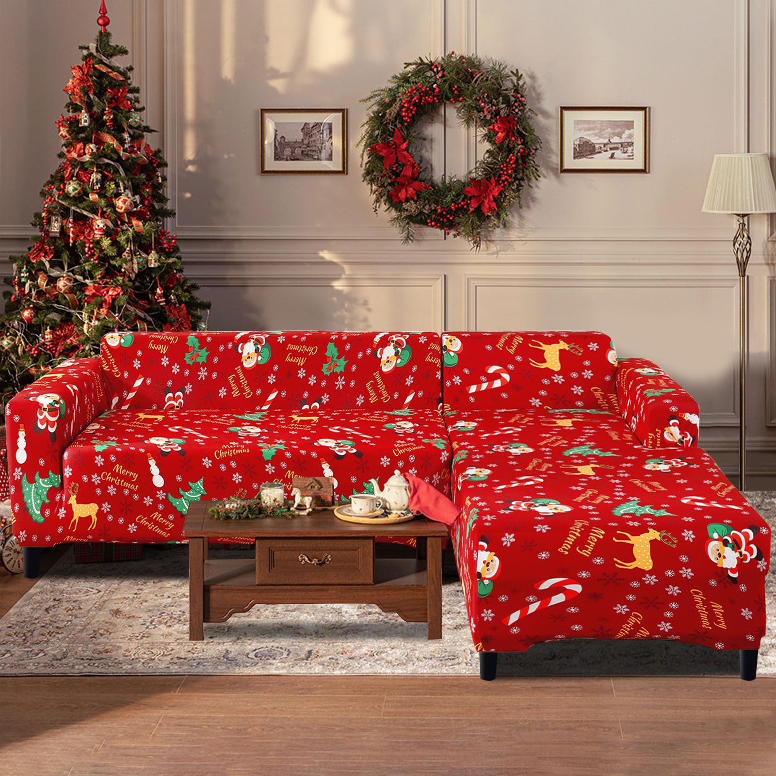 Jaotto Copridivano con Penisola Elasticizzato A Sinistra Destra, Fodere Copridivano Angolare Universale, Copridivano Antigraffio Gatto Chaise Longue a Forma di L(3 Posti+3 Posti,Xmas Ladro)