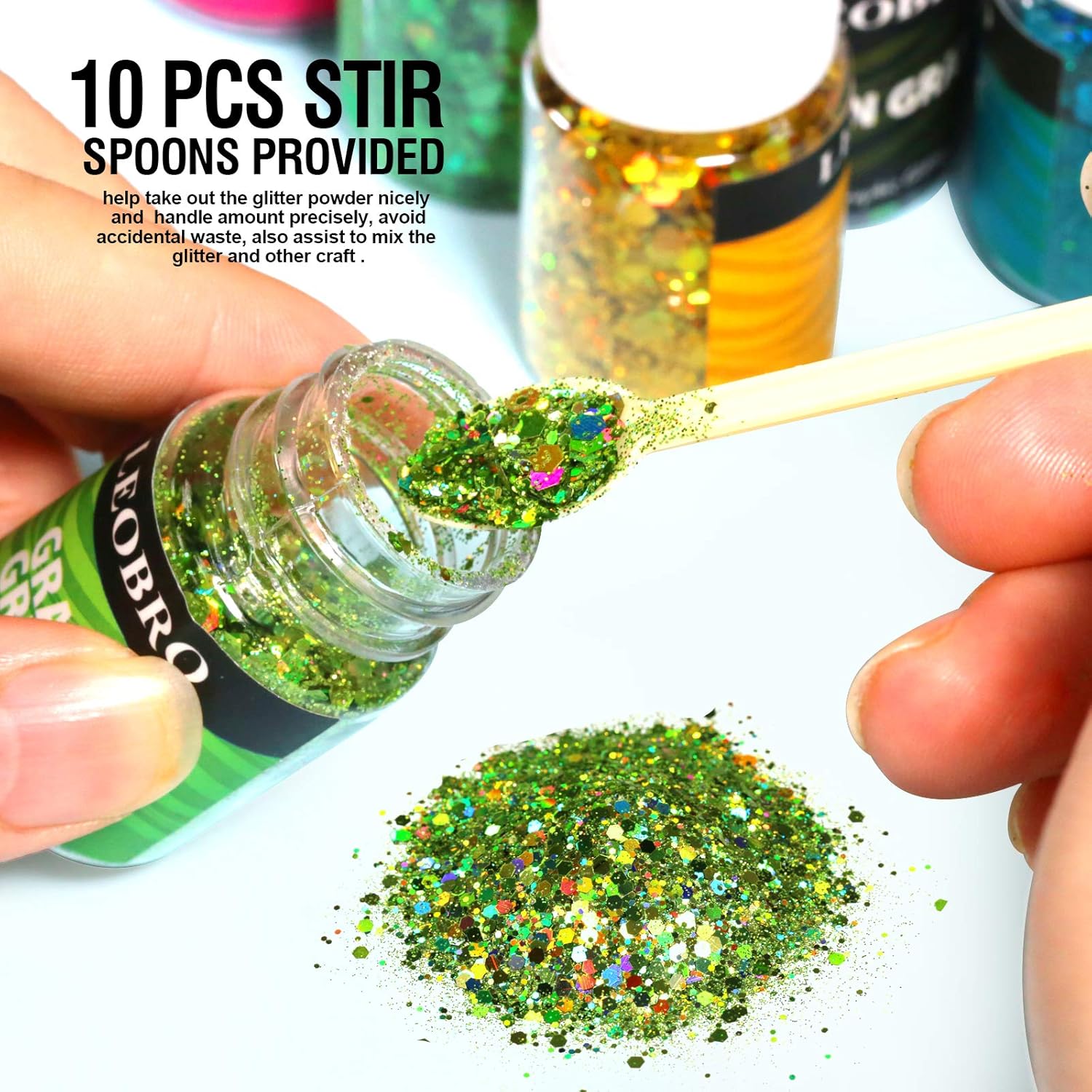 Holographic Chunky Glitter, Set of 15 Colors, LEOBRO Resin Glitter Craft Glitter with 10 PCS Stir Spoons, Cosmetic Nail Glitter, Glitter for Resin Arts Crafts, Body, Face, Nail, Glitter Slime Making
