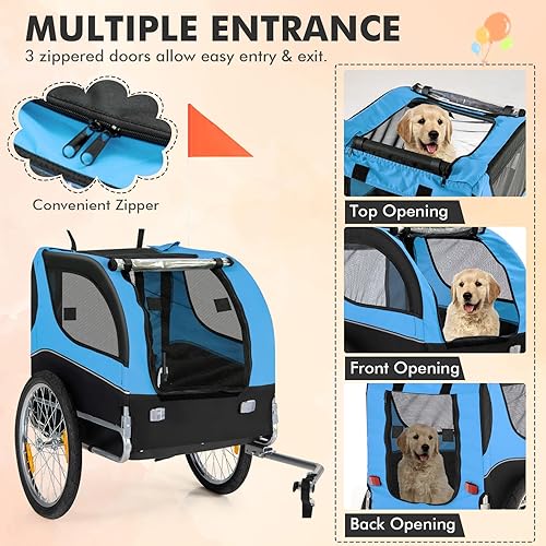 Miniatura 5 de Tangkula Remolque para bicicleta para perros, carrito de malla transpirable con 3 entradas, bandera de seguridad, 8 reflectores, carro plegable para