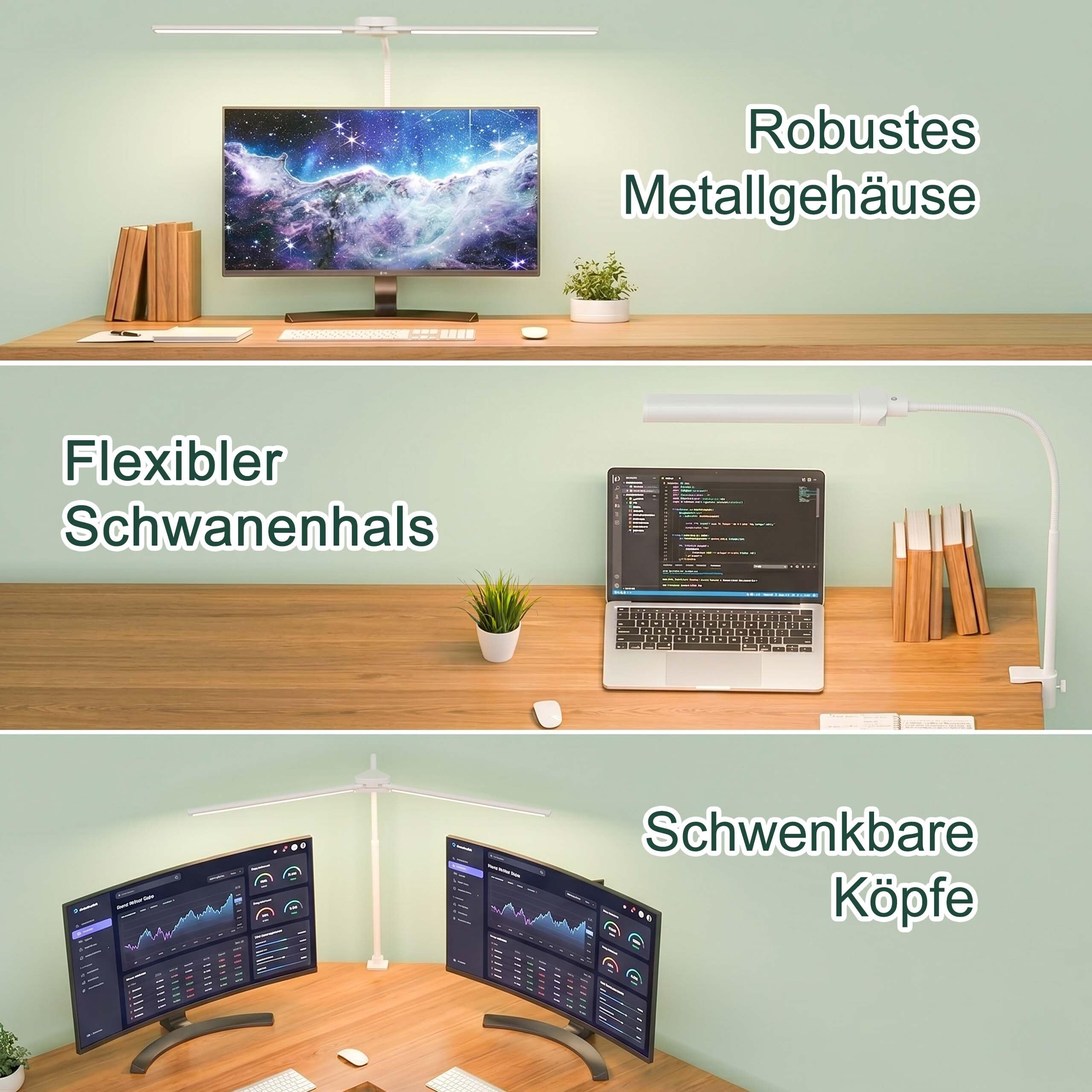 Relaxdays Schreibtischlampe, Fernbedienung & Touch, LED Doppelkopflampe, 80 cm breit, Klemmleuchte Schwanenhals, weiß