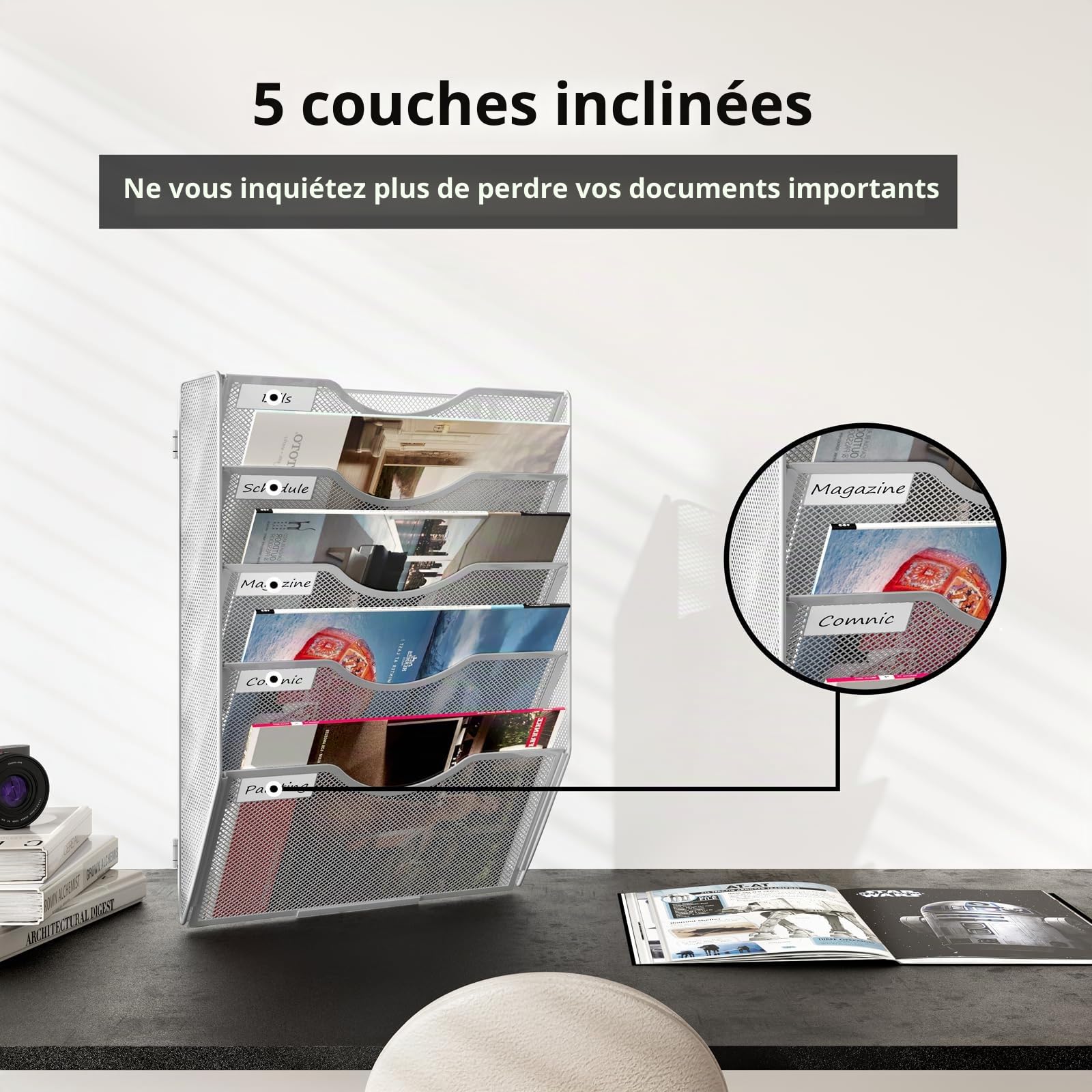 TQVAI 5 Compartiments Porte Revue Mural Métal Rangement Document Papier A4 Dossier Papeterie Organisateur Mural pour Bureau, Maison, École, Blanc