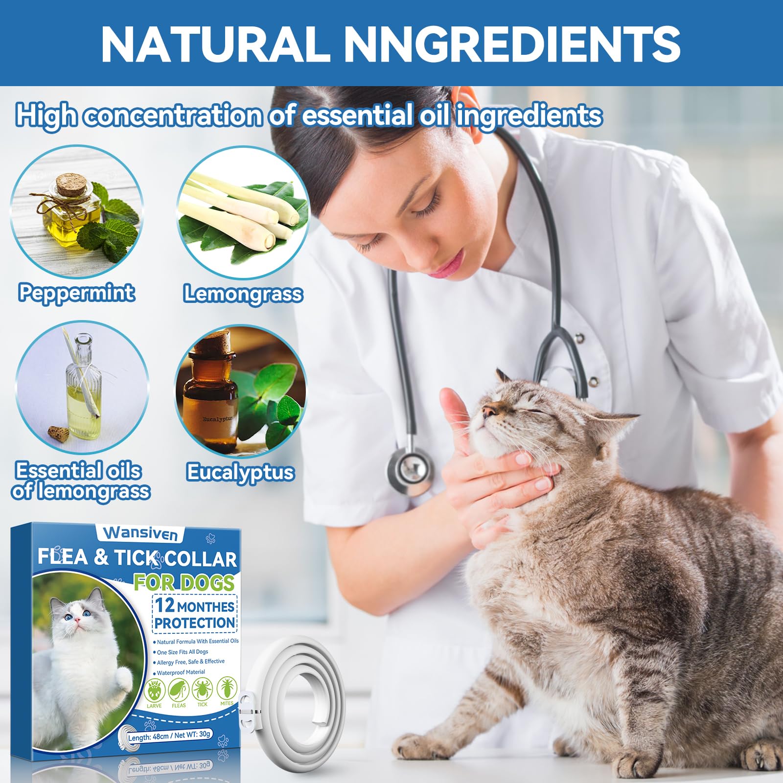 Wansiven Collar antipulgas para Gatos, 12 Meses de protección contra pulgas, 48 ​​cm, Ajustable, Impermeable, antipulgas y garrapatas, Ideal para Gatitos, Gatos medianos y Grandes