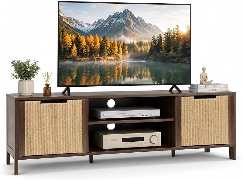 55'' Bohemian TV Stand,Hemp Rope Wooden TV Console for Living Room