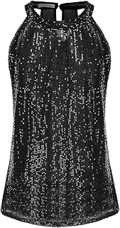 Sparkly Sequin Tops for Women Halter Tank Top Shiny Glitter Club Disco Outfit Sleeveless Dressy Shirt Blouse