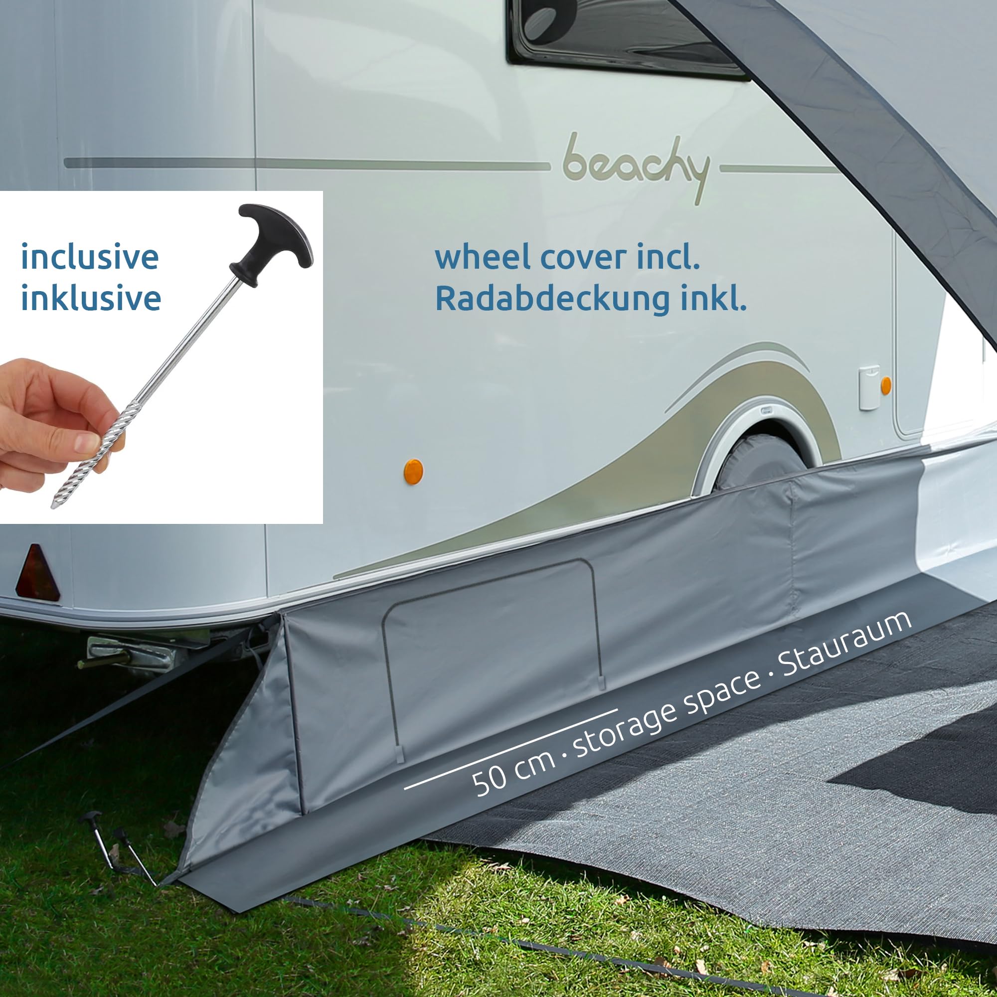 your GEAR Falda de suelo Brela – Falda cortavientos para caravana Hobby Beachy con cubierta de rueda y apertura de cremallera (para Beachy 450)