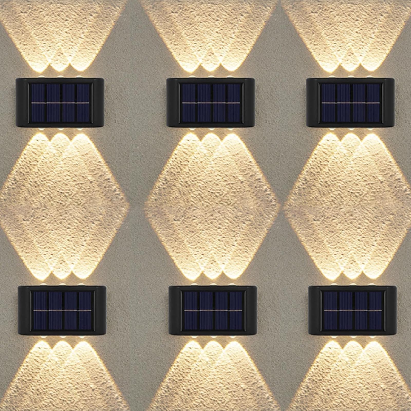 Flintronic 6 sztuk świateł solarnych na ścianę, regulowane lampy LED z 6 ciepłymi światłami, do góry i w dół, oświetlenie LED na zewnątrz, wodoszczelne IP65