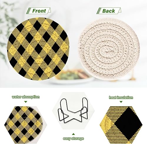 Miniatura 4 de Coasters and Holder Set of 6 Coasters for Cups Table Coasters Porta Vasos para Mesas Argyle Plaid Yellow Black