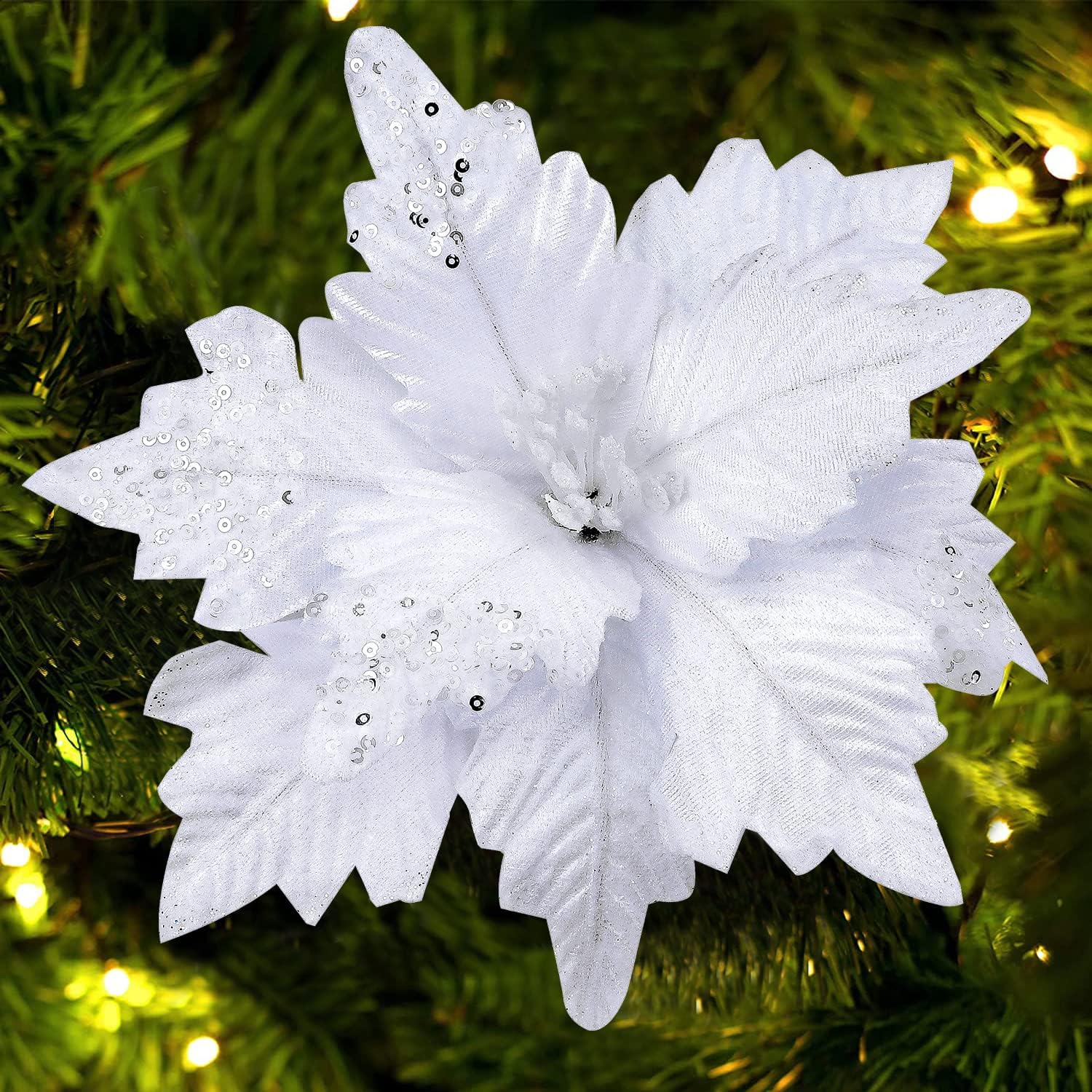 Amazon.com: 6 Pcs Large White Glitter Artificial Flowers 10.2 Inch ...