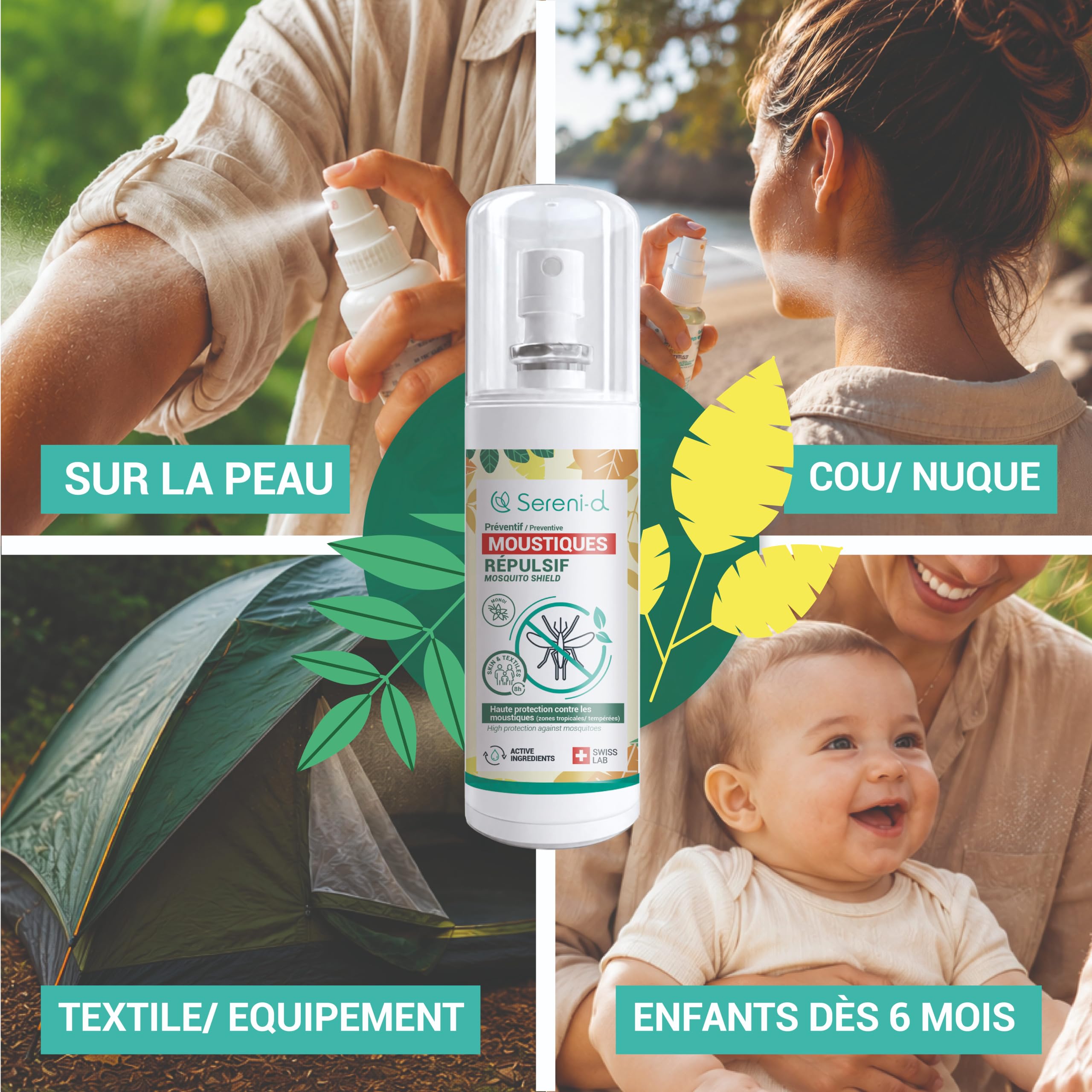 ANTI-MOUSTIQUES MONOÏ Spray Répulsif Corps & Vêtements 100mL – Eucalyptus Citronné – Jusqu'à 8h – Moustique Tigre – Dès 6 Mois – SANS DEET – Swiss Lab – Sereni-d®