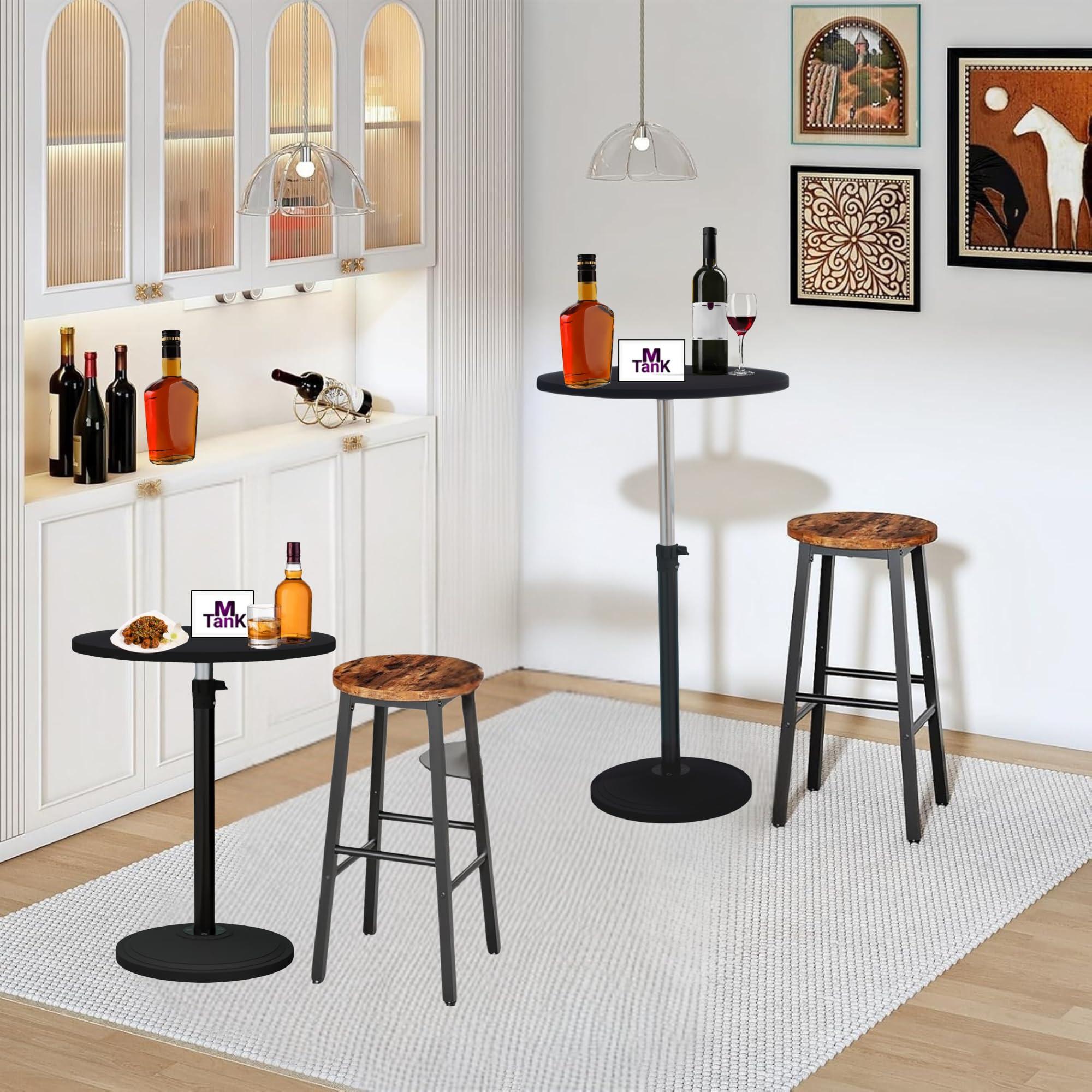 MTANK Height Adjustable Round Bar Table – Modern Bistro Pub Table with Metal Base, Small High Top Cocktail Table for Home, Kitchen, Party, and Cafe – White & Black Finish (Black) 1