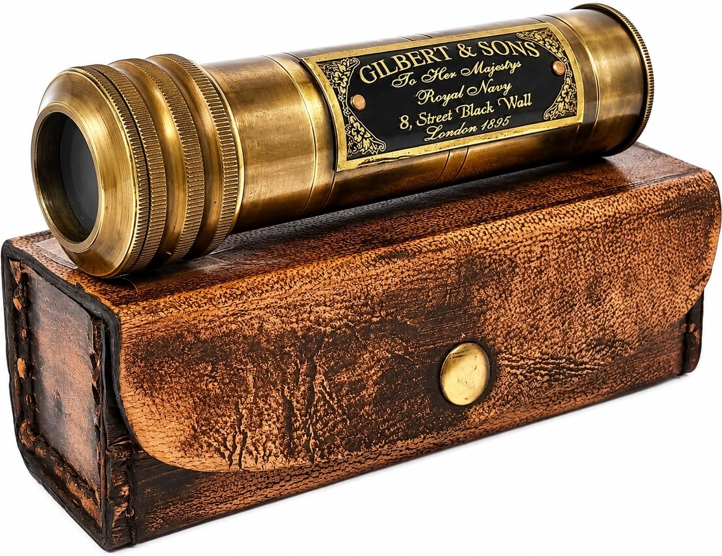 Vintage Brass Spyglass Telescope, Gilbert & Sons Royal Navy Collectible, with Leather Case, Manual Focus, 14 Years and Up
