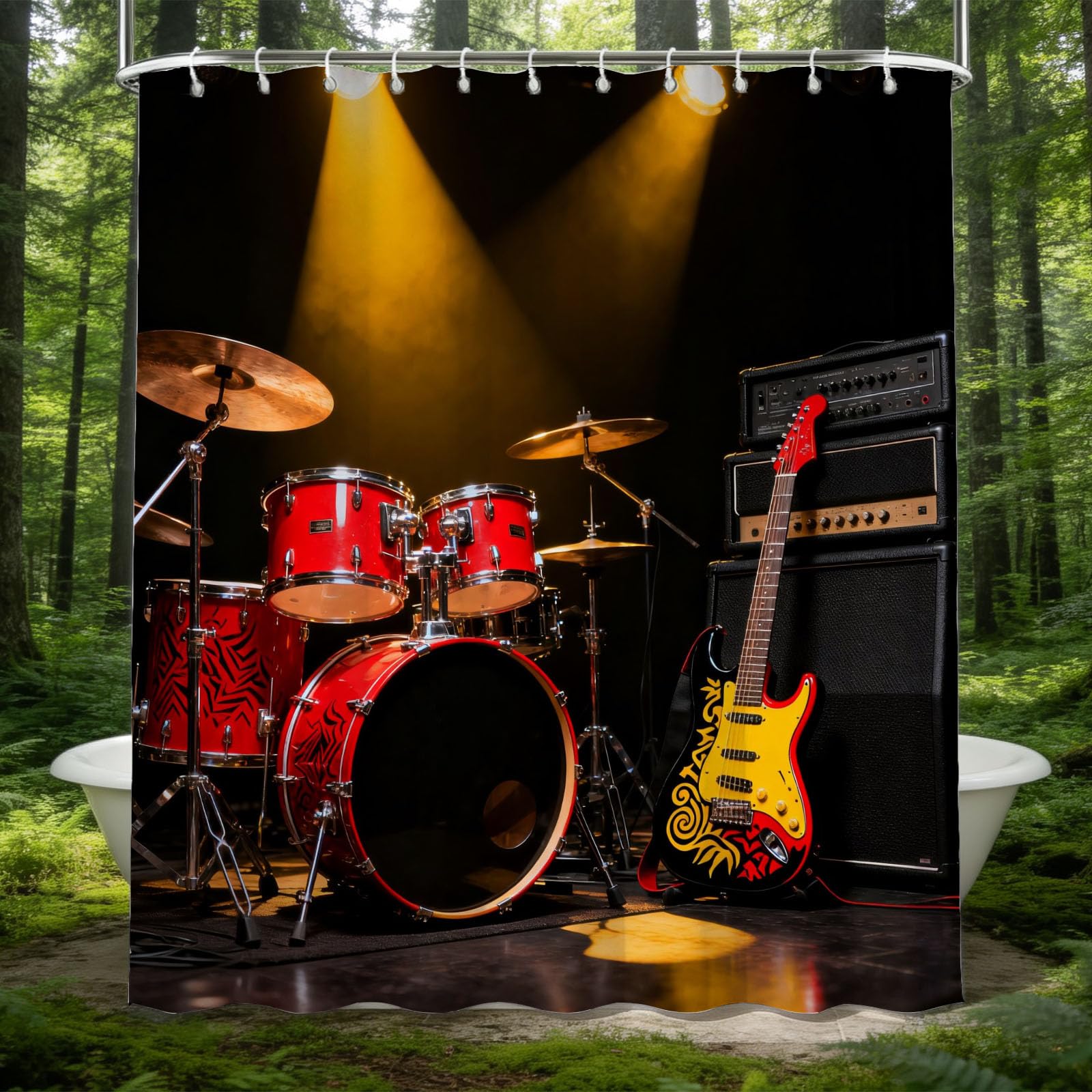 Hongduo White 3D Drum Kit Shower Curtain For Stalls Bathtubs Rock Instrument Bathroom Decor Shower Curtain Set Polyester Fabric Waterproof 200X200cm/79X79 Inch With Hooks