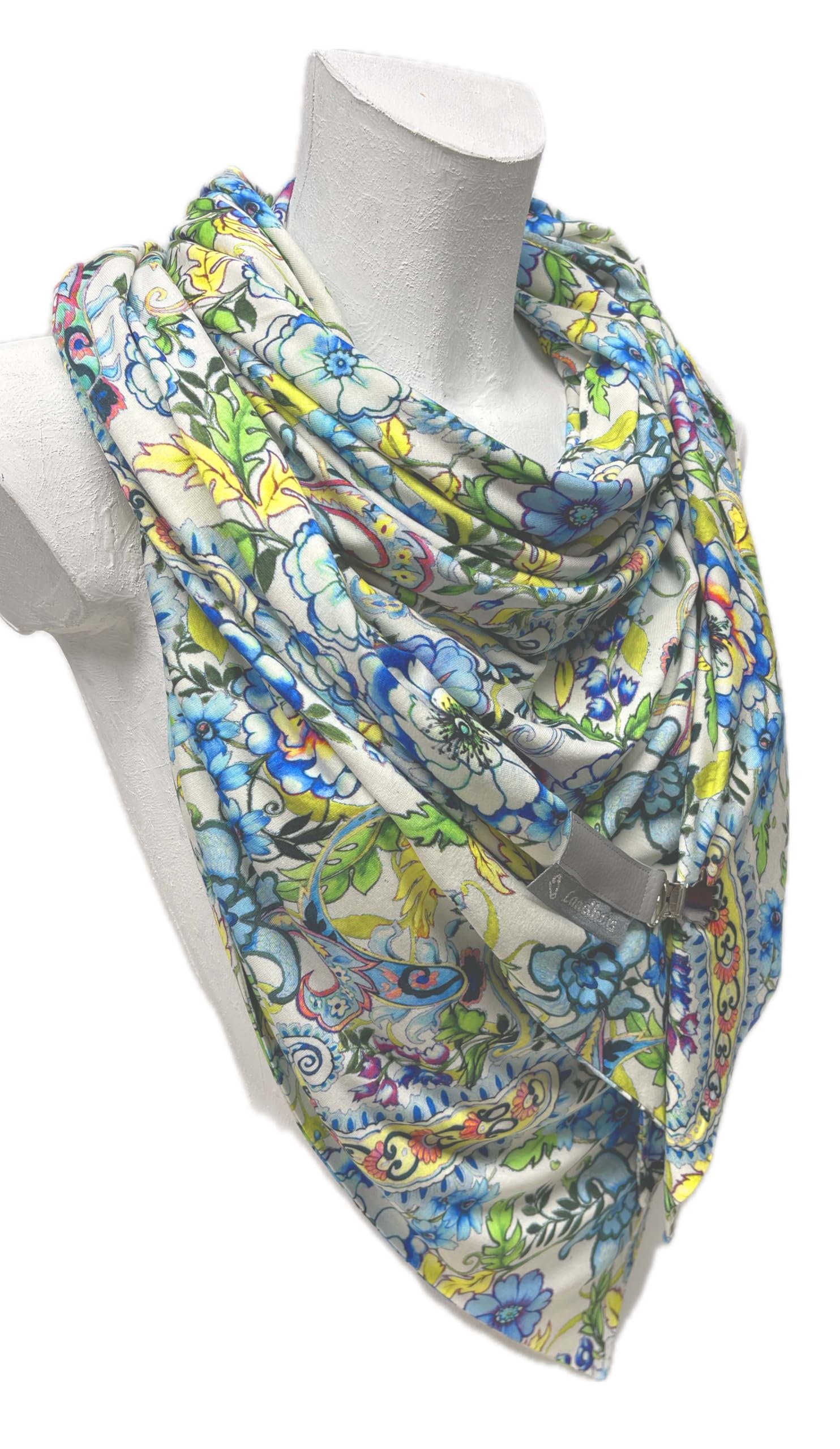 handmade - Handgemachtes XXL Dreieckstuch Paisley & Blüten – Viskose Jersey – bunt – beidseitig tragbar – mit Clipverschluss