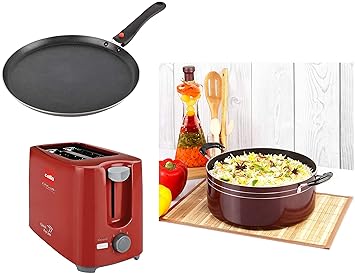 Cello Biryani Pot 5.5 LTR with Glass Lid, Cherry&Cello Non Stick Dosa Tawa Induction Base with Detachable Handle, 280 mm Hammered Toned&Cello Quick 2 Slice Pop Up 300 Toaster (Red)