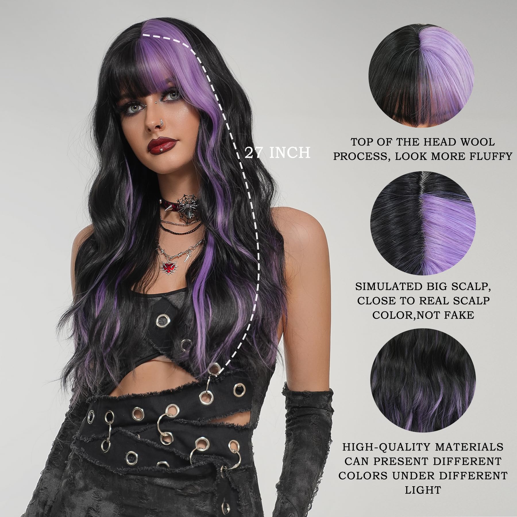 7JHH Heat-Resistant Synthetic Wavy Highlight Wig with Bangs