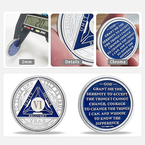 Miniatura 4 de Juego de monedas de sobriedad triangulares originales de 6 años  Medallón AA con número romano plateado con cápsula protectora  Ficha de aniversario