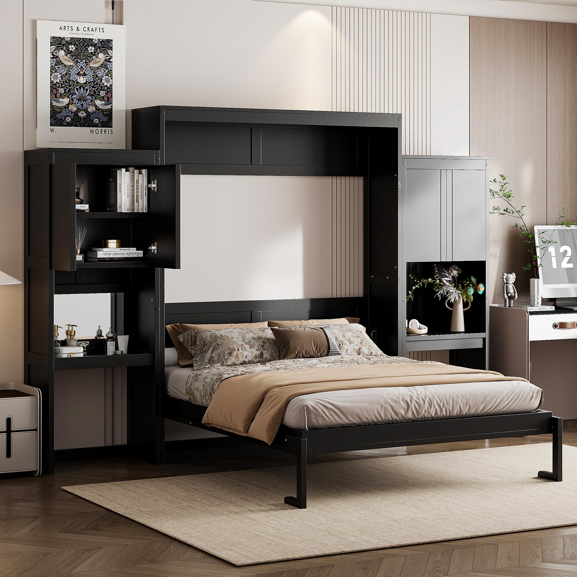 Merax Queen Size Murphy Bed with Desk, Storage Cabinets, Vanity and Mirror for Bedroom, Living Room, Apartment