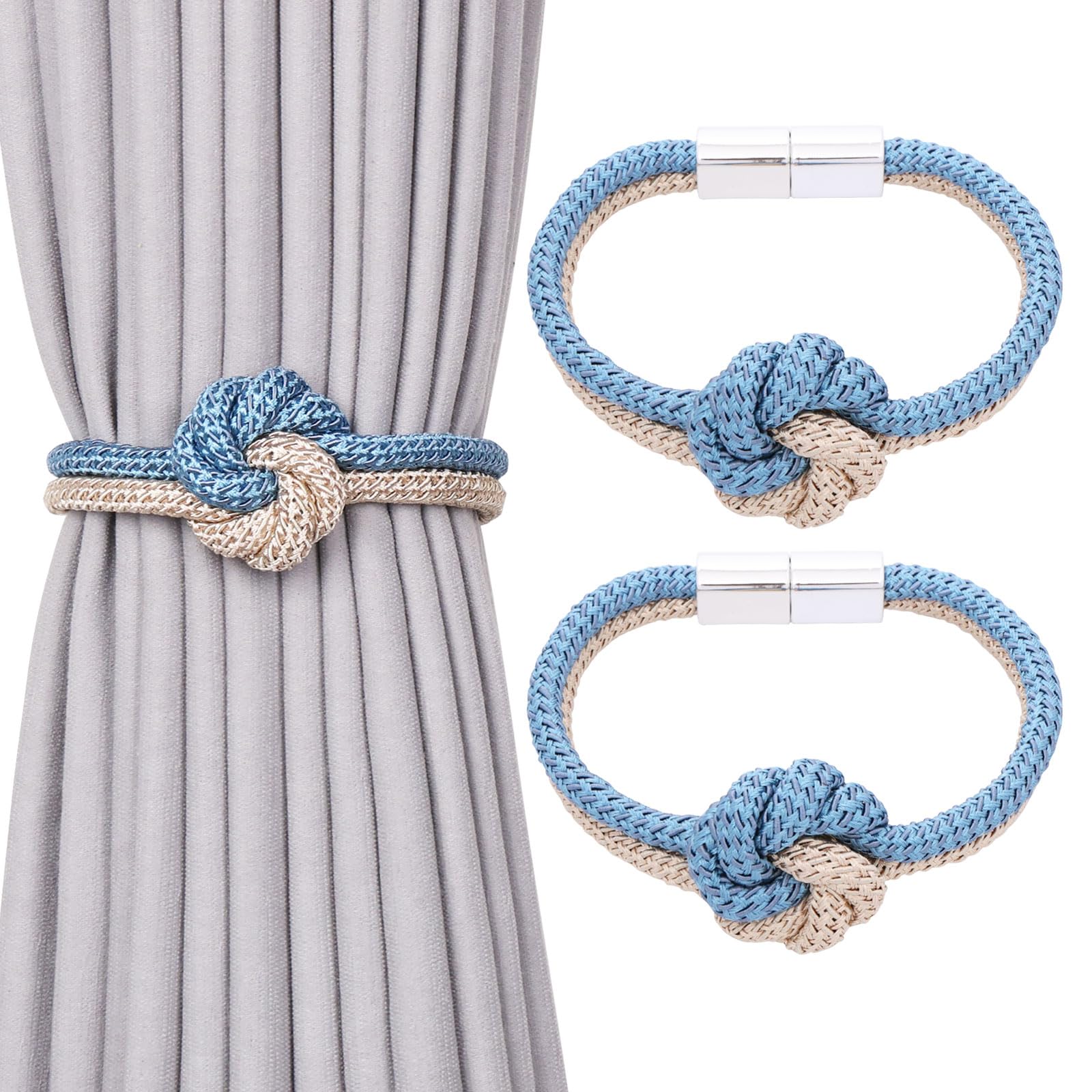 Pretty Jolly 2 Pack Cute Flower Knot Magnetic Curtain Tiebacks Nordic Style Drape Tie Backs Elegant Hand Weave Rope Decorative Curtain Holdbacks for Home & Office Window Drapery (Blue & Beige)