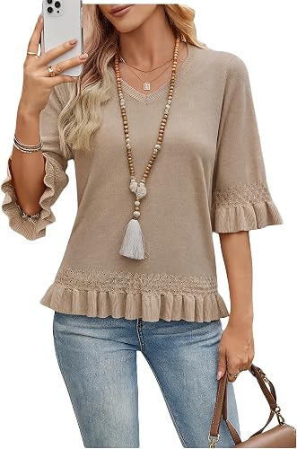 SOLY HUX Womens 3/4 Length Sleeve Sweater V Neck Peplum Boho Tops Lightweight Kn