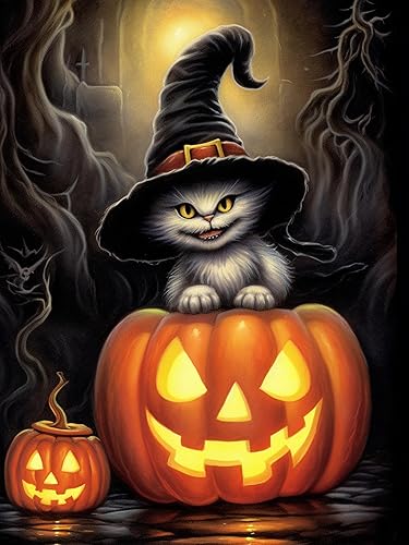 Reofrey Kits de pintura de diamantes para adultos, calabaza, gato, arte de diamantes de Halloween, taladro completo redondo con diamantes de disponible en Yaxa Peru