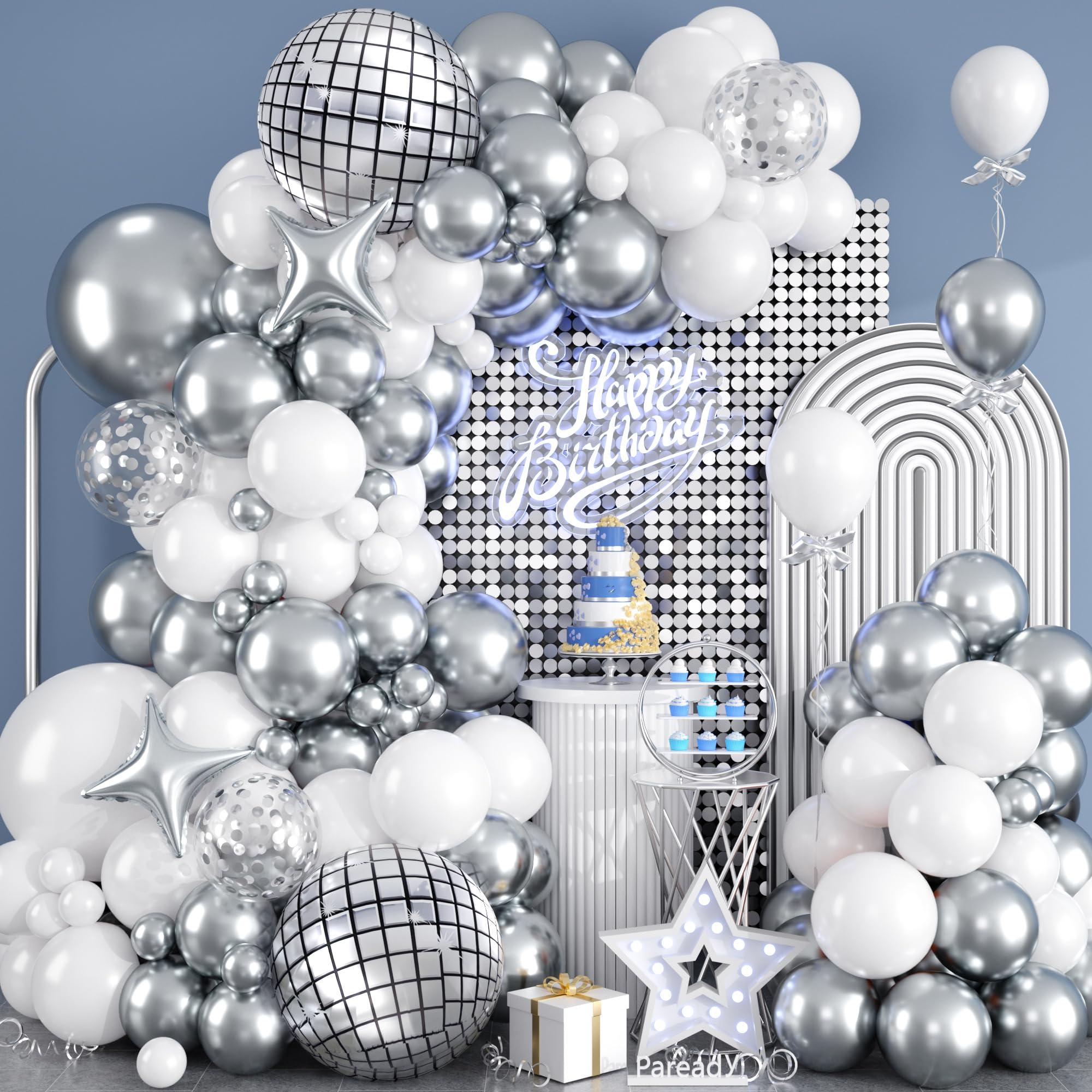 Paready Disco Ball Balloon Arch, 120 Pcs White Silver Balloon Arch Garland, 18/12/10/5 Inch Confetti Metallic Silver Disco Ball Foil Star Balloon for Birthday Disco Dance Neon Lights Party Decorations