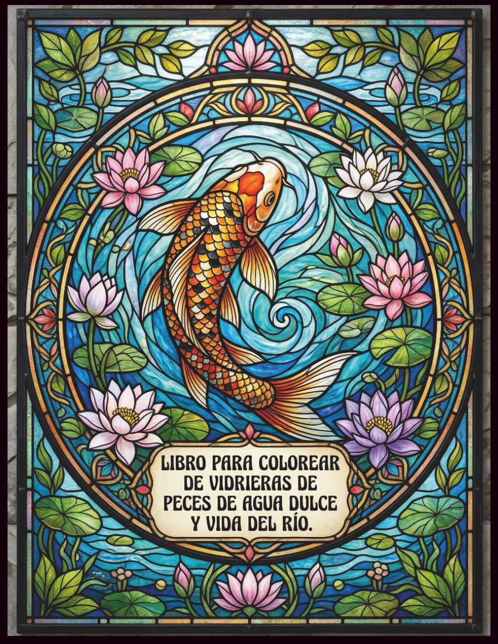Libro para colorear de vidrieras de peces de agua dulce y vida del río: Libro para colorear anti estrés con peces de río, vidrieras artísticas, plantas acuáticas y escenas de naturaleza para adultos