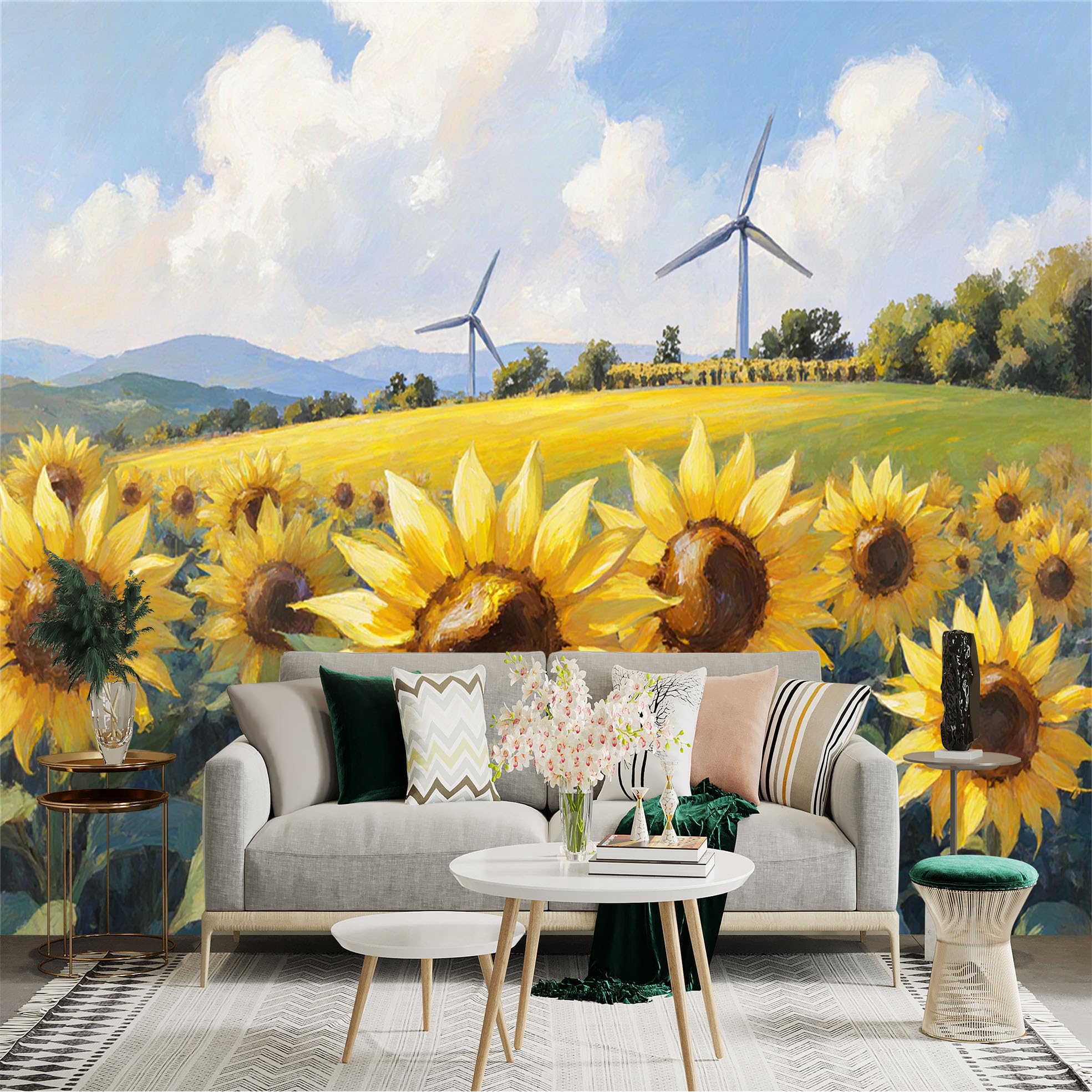 Custom Size Wall Sticker Mural， Vibrant Sunflower Field with Wind Turbines， Rustic Countryside Landscape， Sunny Summer Meadow， for wall Decoration， peelandstick wall Decals.
