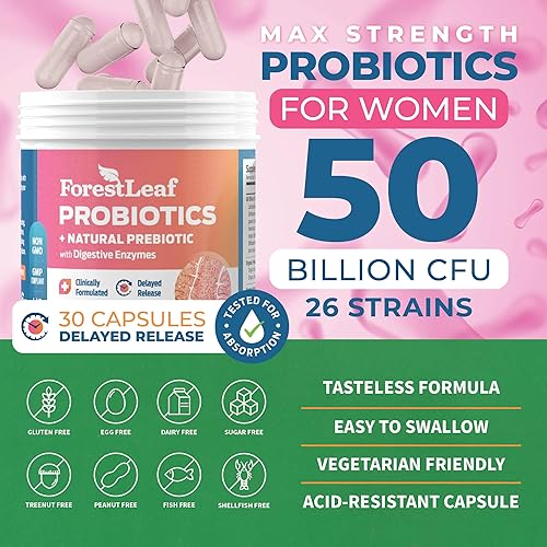 Miniatura 2 de ForestLeaf Probiótico para mujer de 50 mil millones de UFC con prebióticos orgánicos, enzimas digestivas, arándano, D-manosa, probióticos