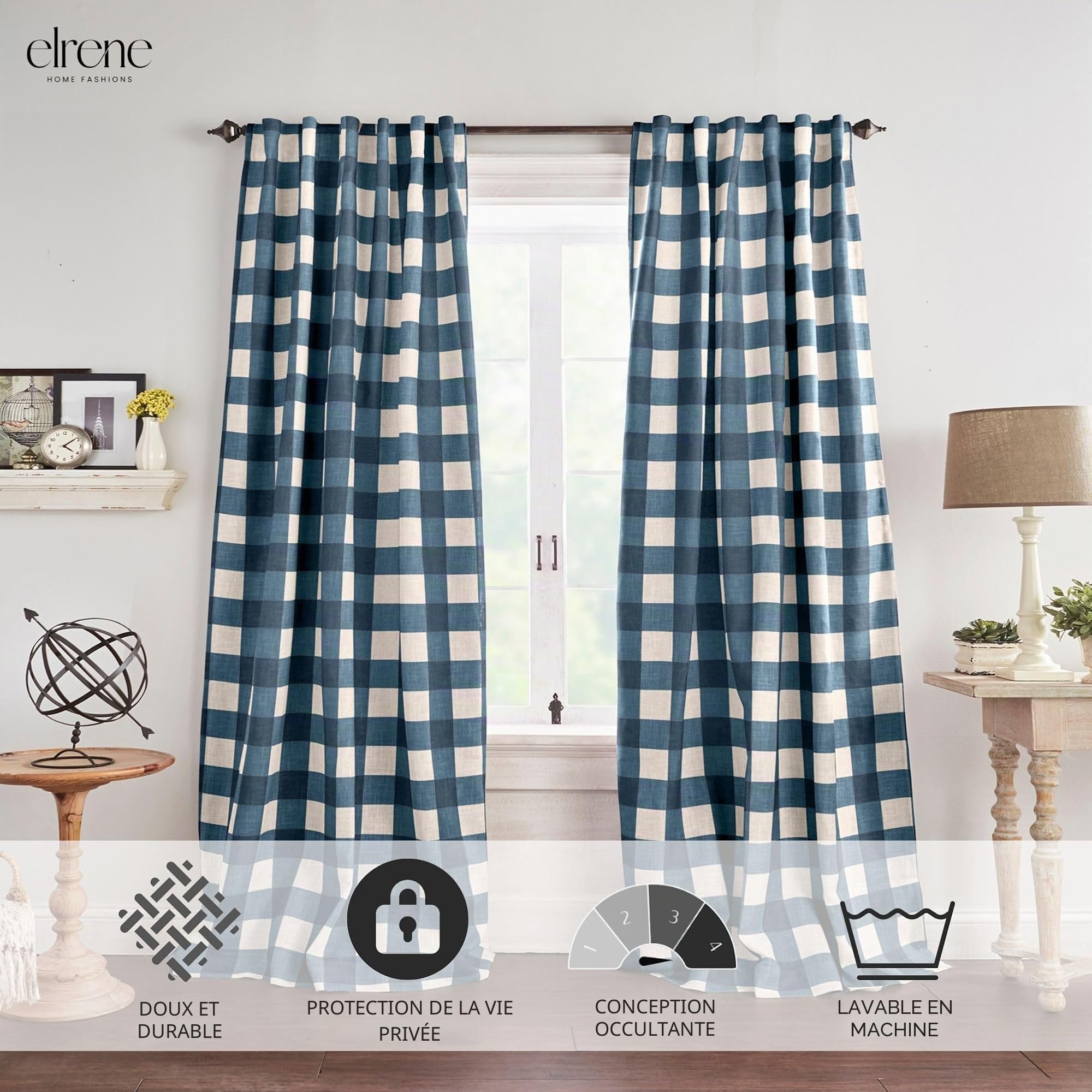 Elrene Home Fashions Farmhouse Living Grainger Rideau de fenêtre occultant à Carreaux de Buffle avec Pattes avec Passe-Tringle, pour Salon et Chambre à Coucher, 132,1 x 241,3 cm, Indigo, 1 Panneau