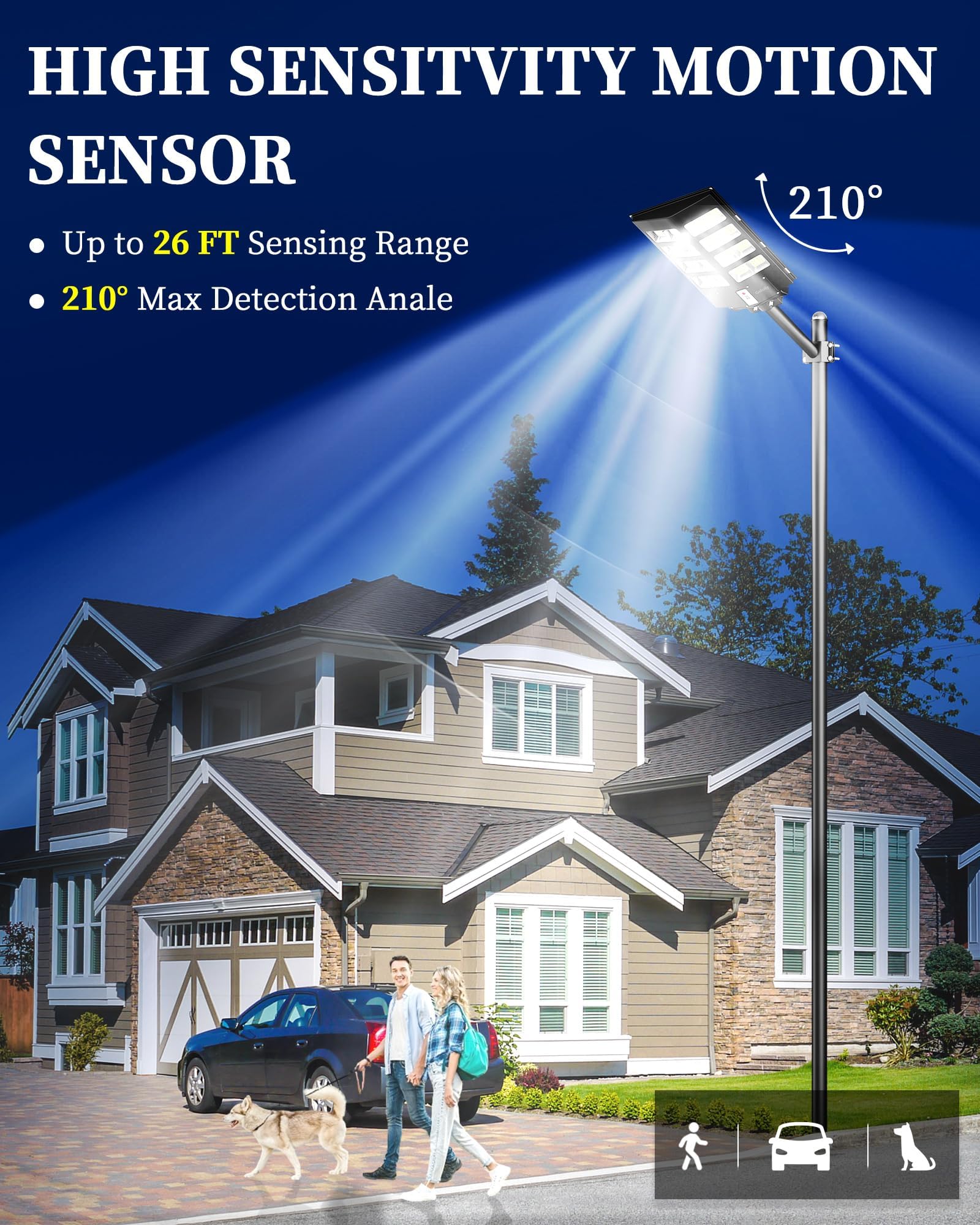 Gefolly Lampione Solare LED Esterno, Faro LED Esterno con Pannello Solare con Sensore di Movimento, 6500K IP67 Impermeabile Faretto solare Esterno per Giardino Cortile Garage Strada