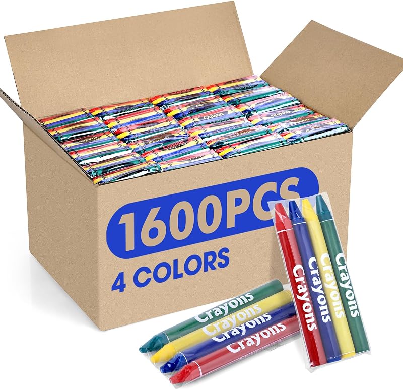 FUMILE Crayones de 1600 unidades (400 juegos de 4 colores), crayones a granel, paquetes individuales, mini crayones no tóxicos para regalos de fiestas infantiles, restaurantes, suministros escolares, viajes y más eventos