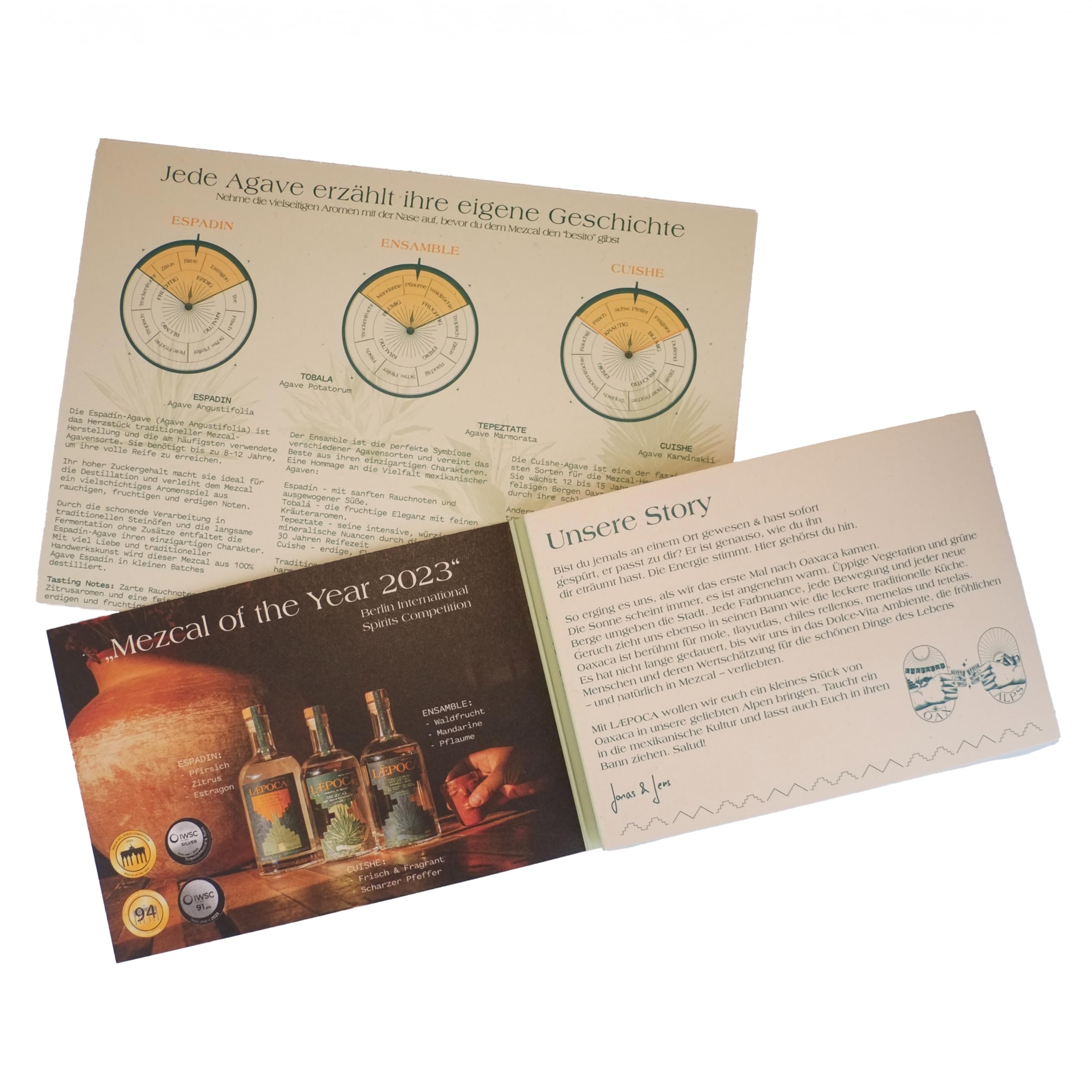 LÆPOCA Mezcal Premium Tasting-Set | Von Mexiko in die Alpen | Handgefertigt | 3 x 100 ml | Espadin 38% vol. | Ensamble 46% vol. | Cuishe 46% vol. | Mezcal of the Year 2023
