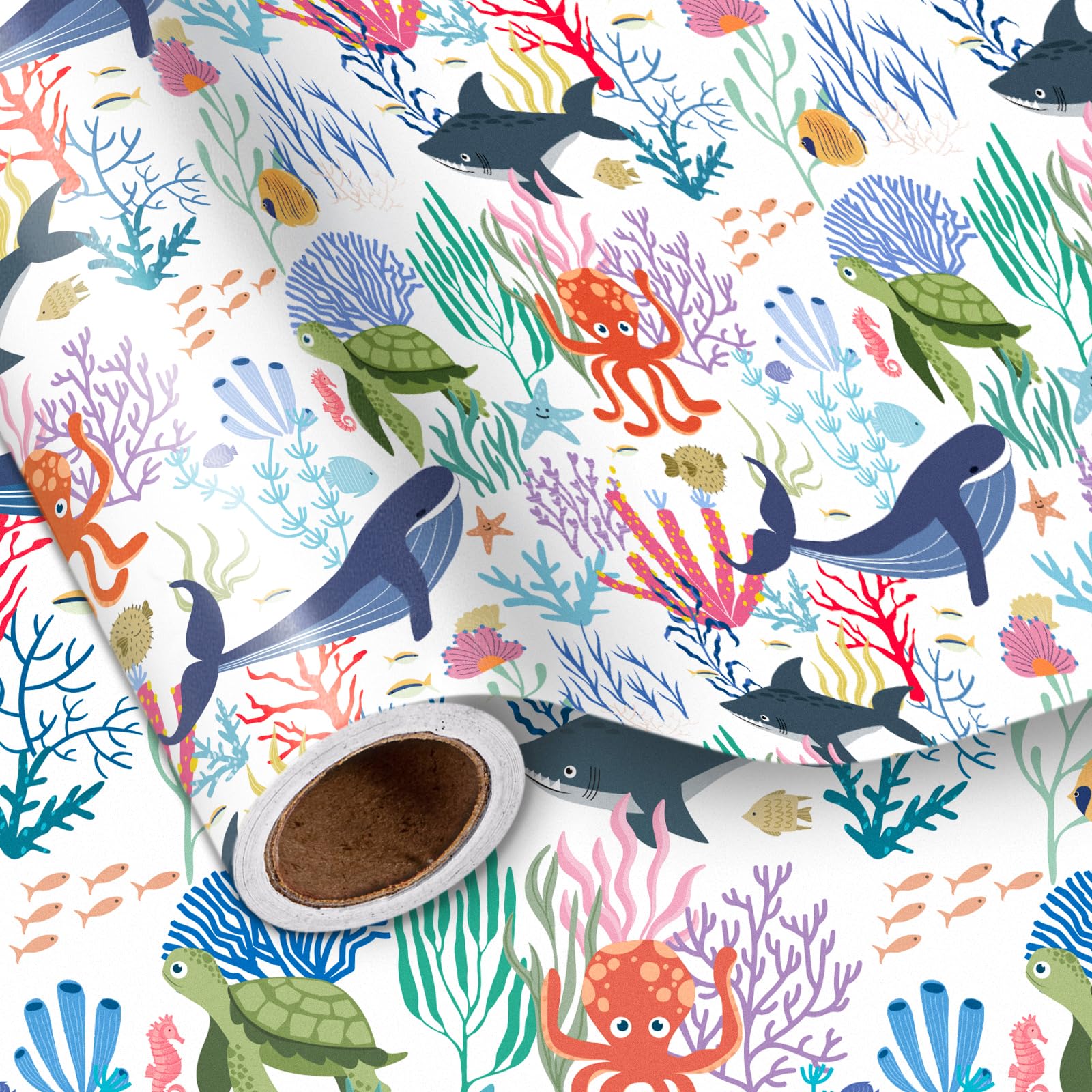 LeZakaa Ocean Wrapping Paper Roll - Cartoon Design of Ocean, Whale, Turtle, Sea Creature for Birthday, Baby Shower, Holiday Party for Boys Girls Kids - 17 inches x 16.4 Feet — image 1