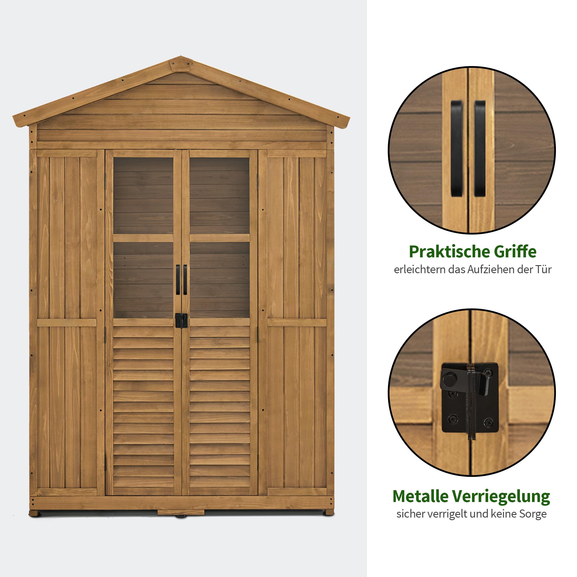 M MCombo Gartenschrank Gartenhaus Holz Wetterfest, Geräteschrank Holzschrank Outdoor Wasserdicht Begehbar, für Außenbereich Balkon Terrasse, Gerätehaus mit 6 Feste Regale 74×143×200 cm (Natur)
